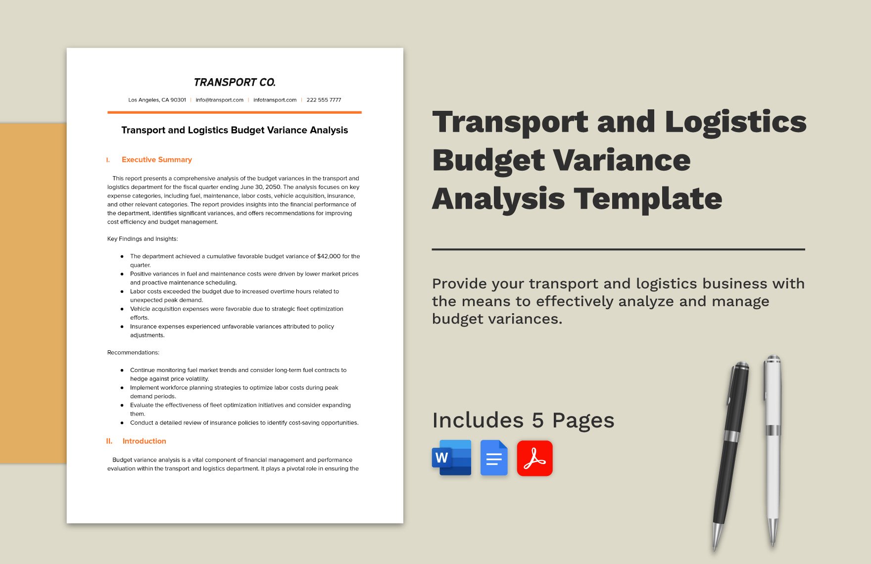 Transport and Logistics Budget Variance Analysis Template in Word, Google Docs, PDF