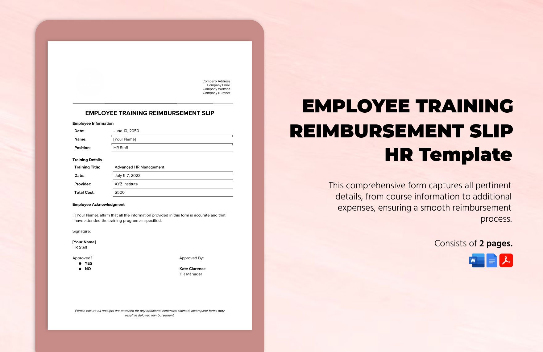 Employee Training Reimbursement Slip HR Template in Word, Google Docs, PDF