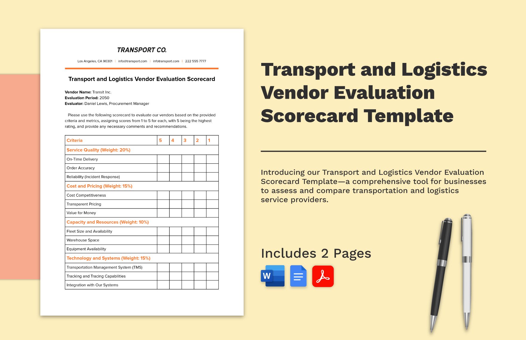 Transport and Logistics Vendor Evaluation Scorecard Template in Word, Google Docs, PDF