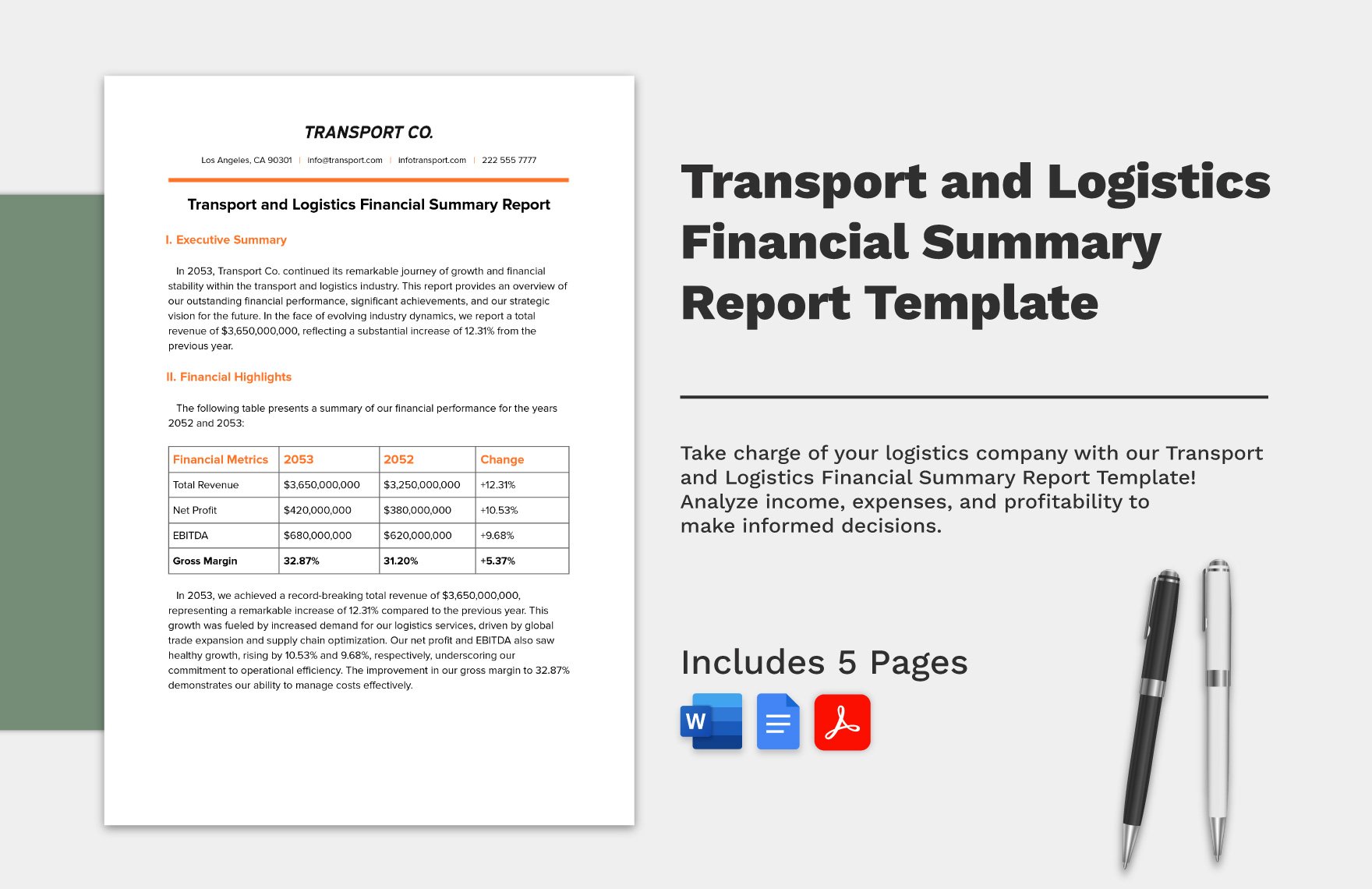 Transport and Logistics Financial Summary Report Template 