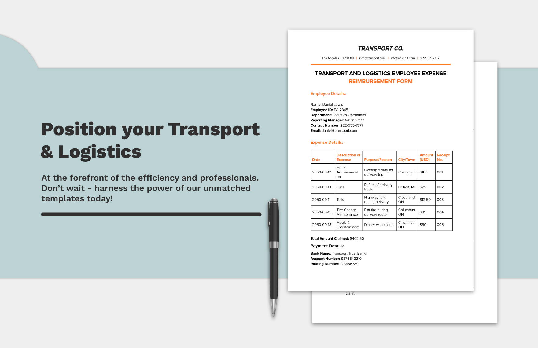 Transport and Logistics Employee Expense Reimbursement Form Template