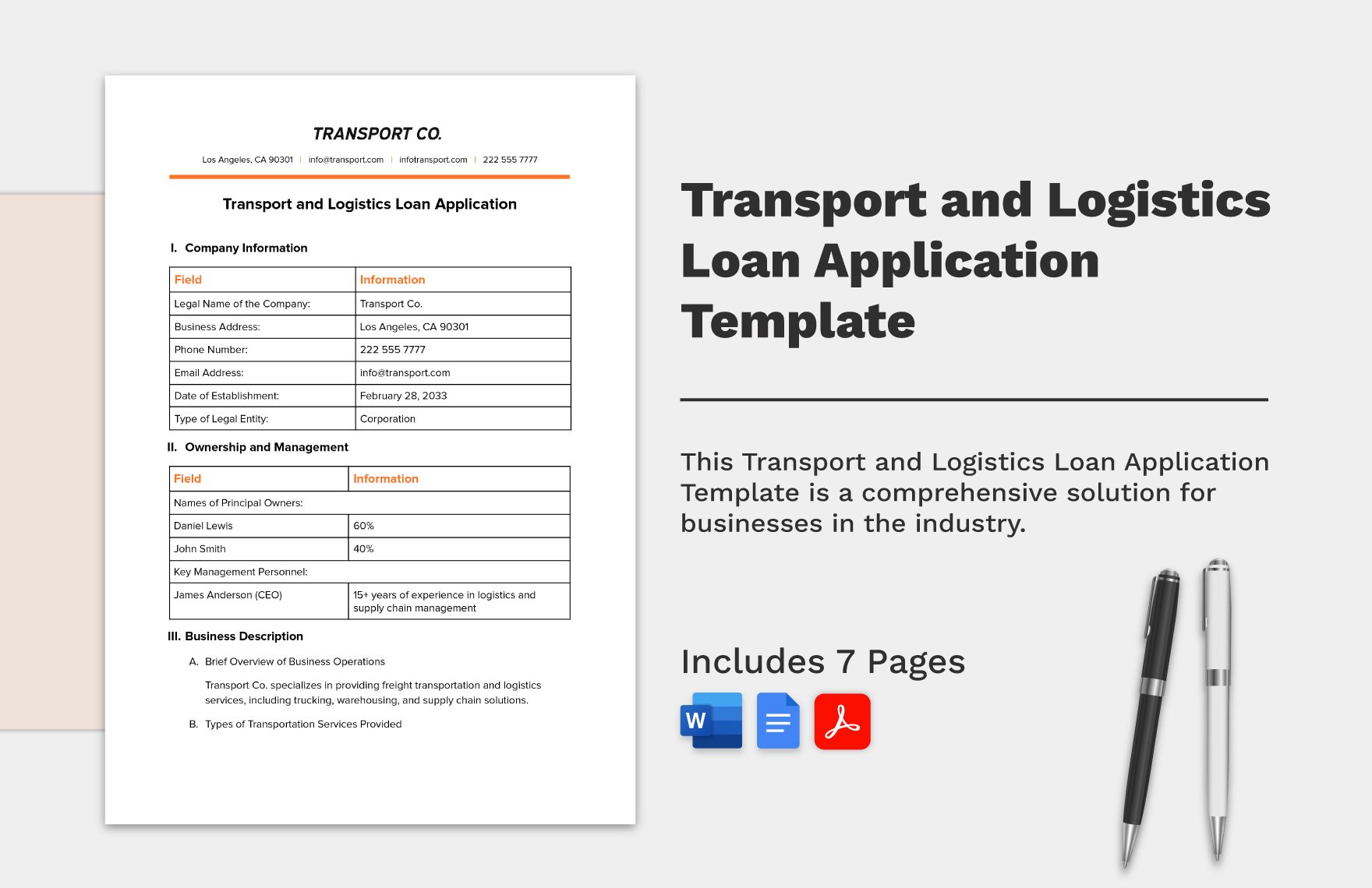 Transport and Logistics Loan Application Template