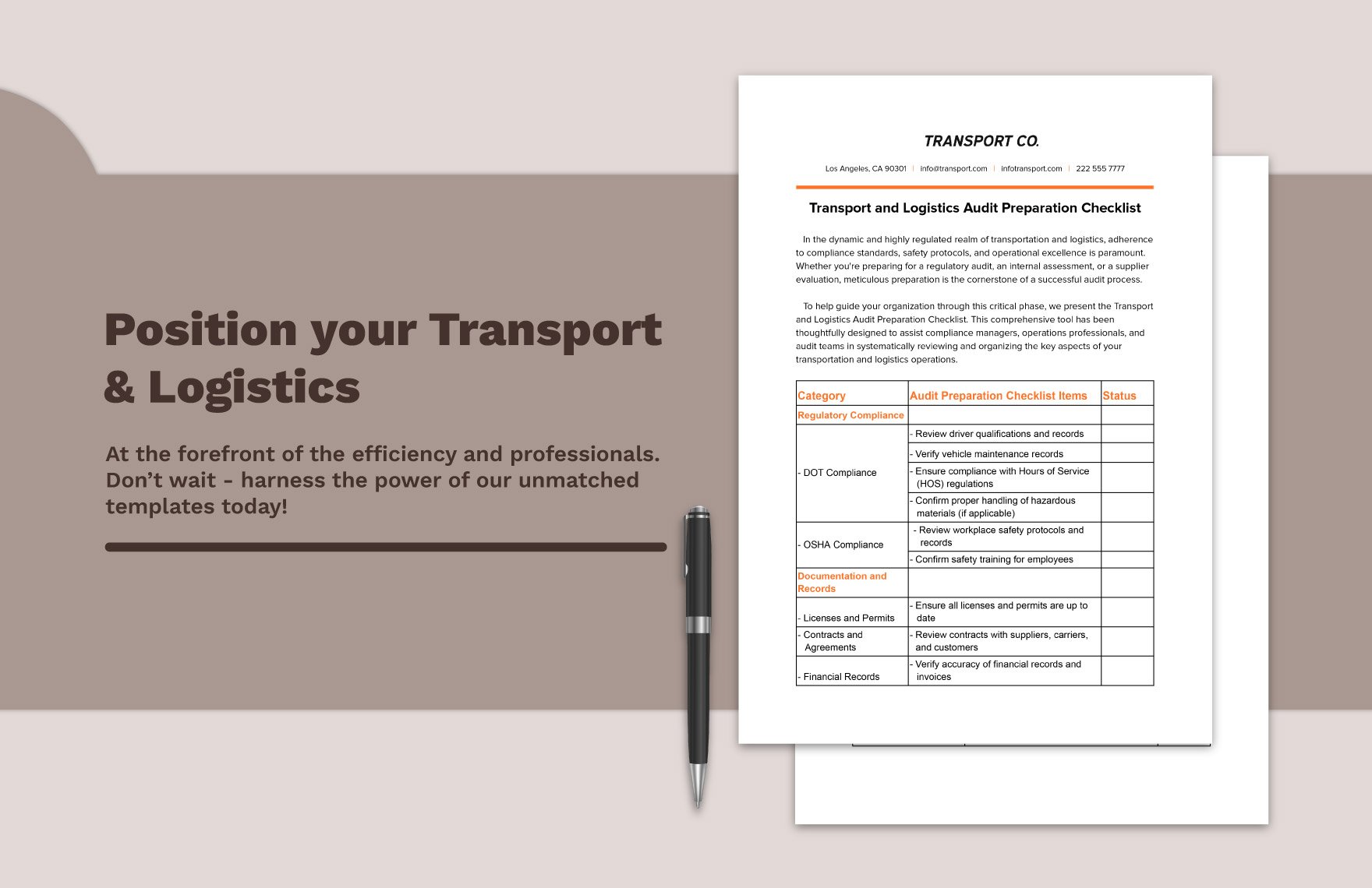Transport and Logistics Audit Preparation Checklist Template