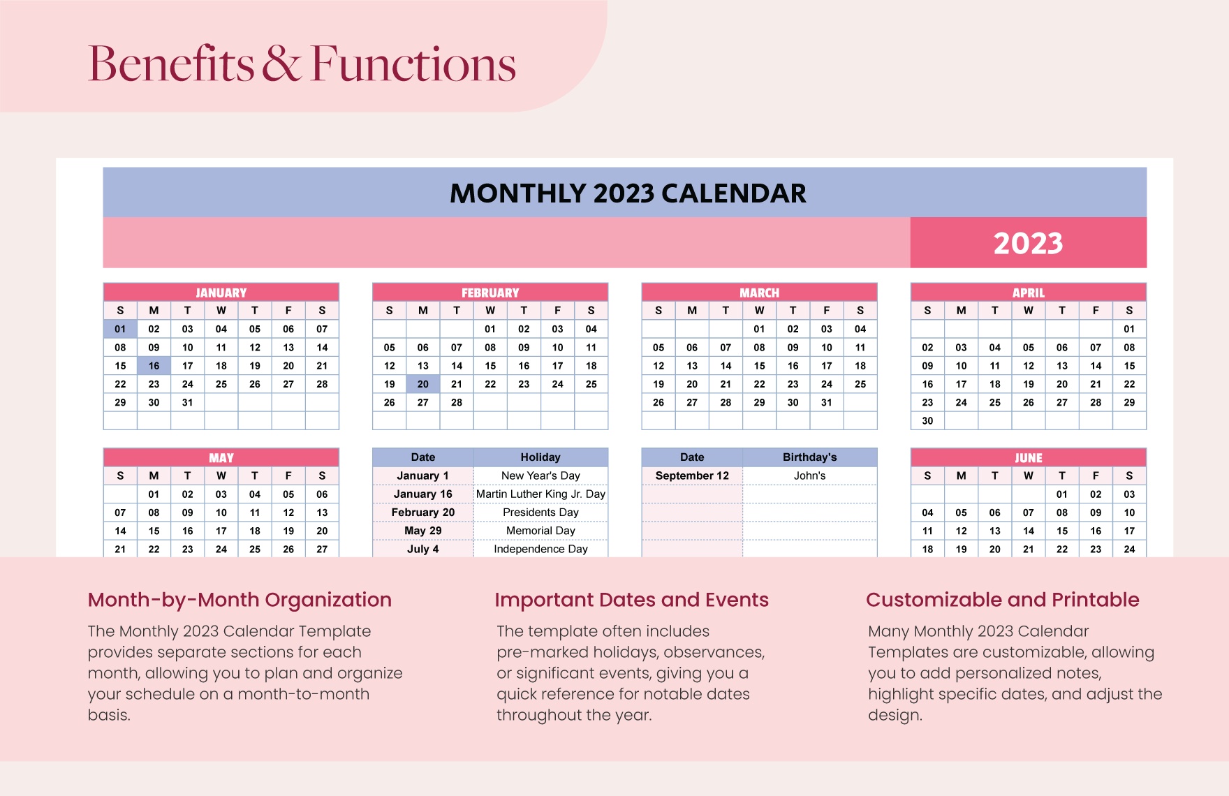 Monthly 2023 Calendar Template