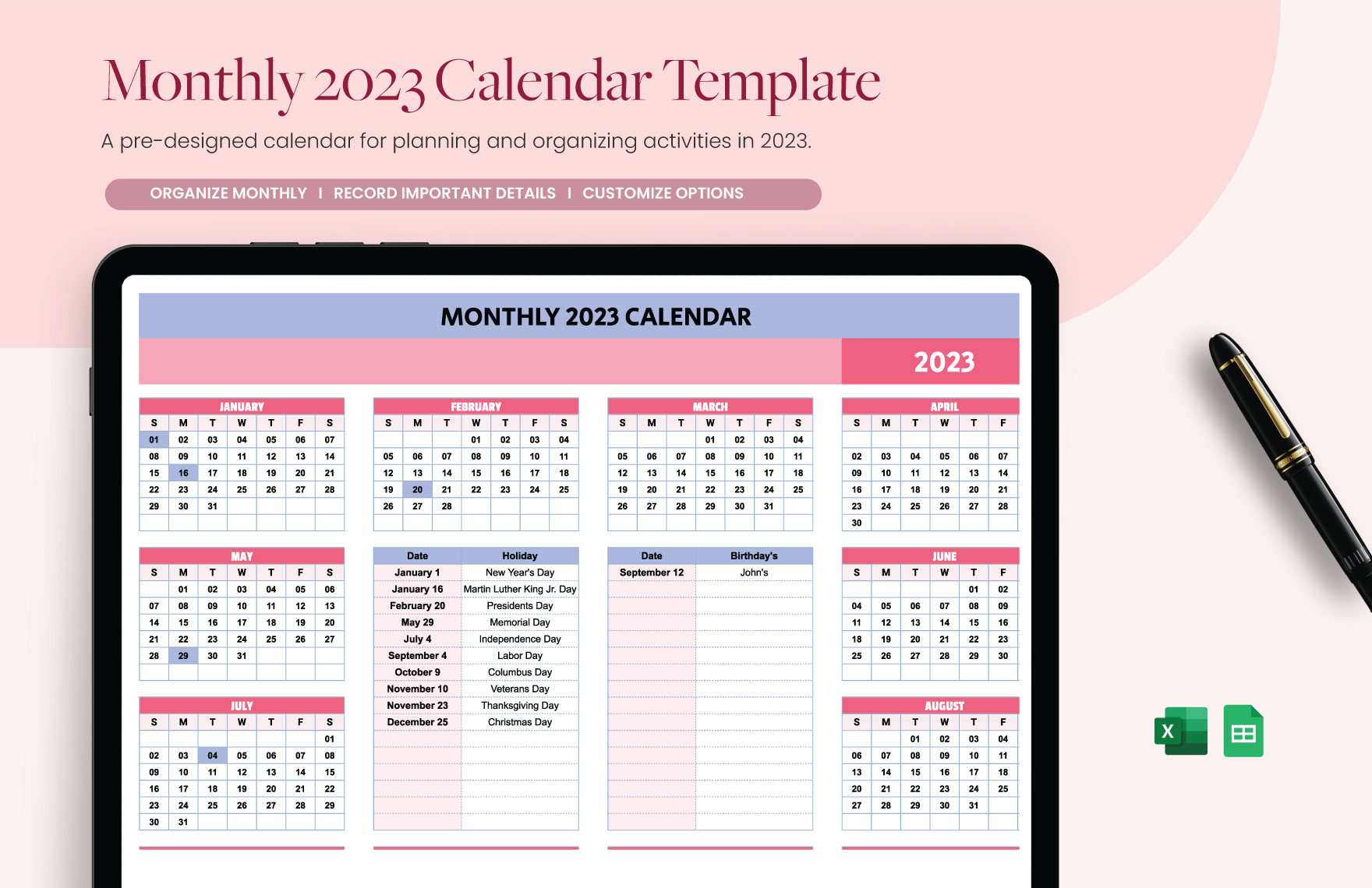 Free Monthly 2023 Calendar Template in Excel, Google Sheets