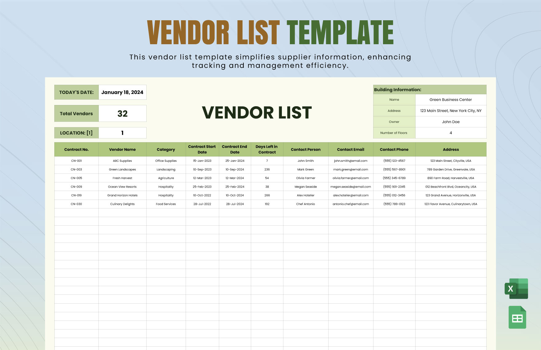 Vendor List Template in Excel, Google Sheets Download