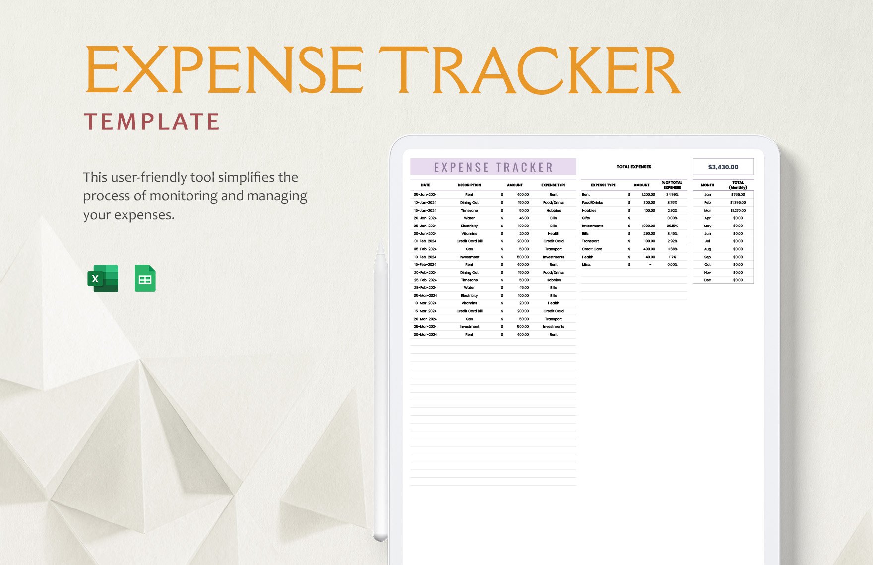 Expense Tracker Template in Excel, Google Sheets