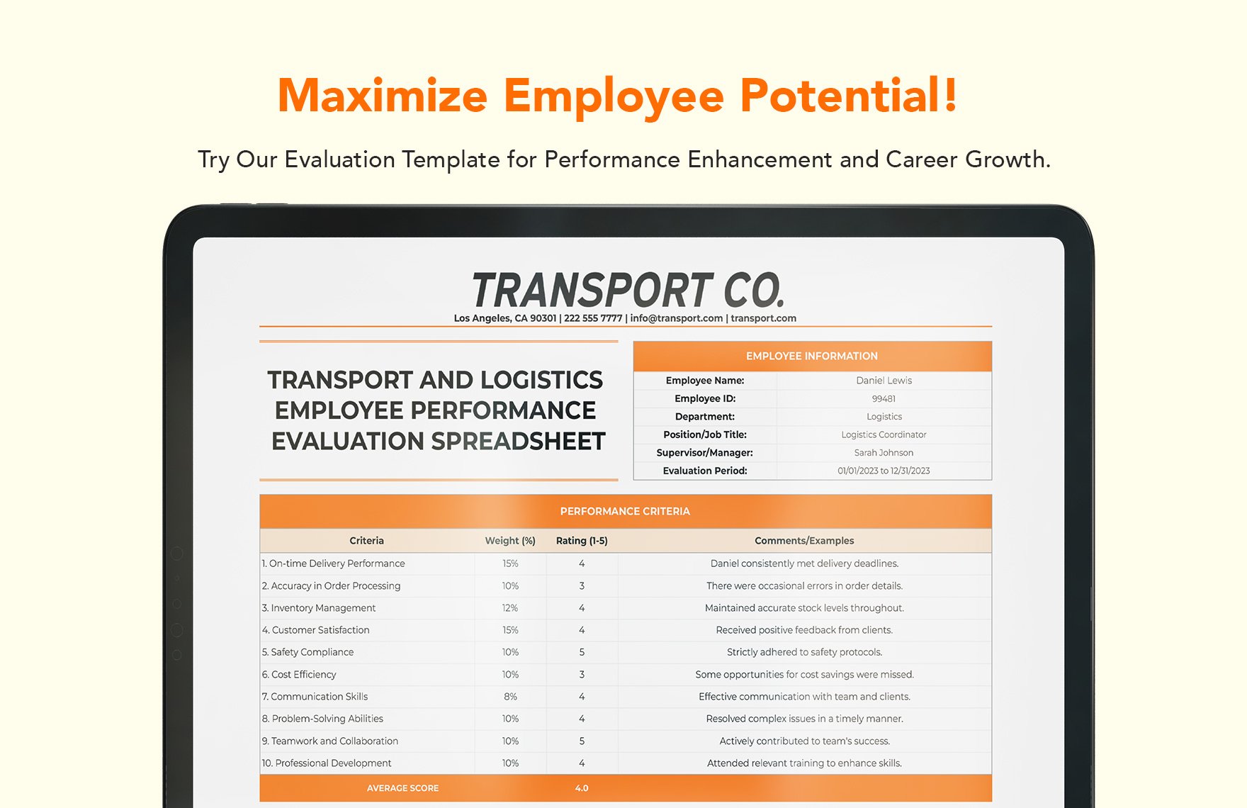 Transport and Logistics Employee Performance Evaluation Spreadsheet Template