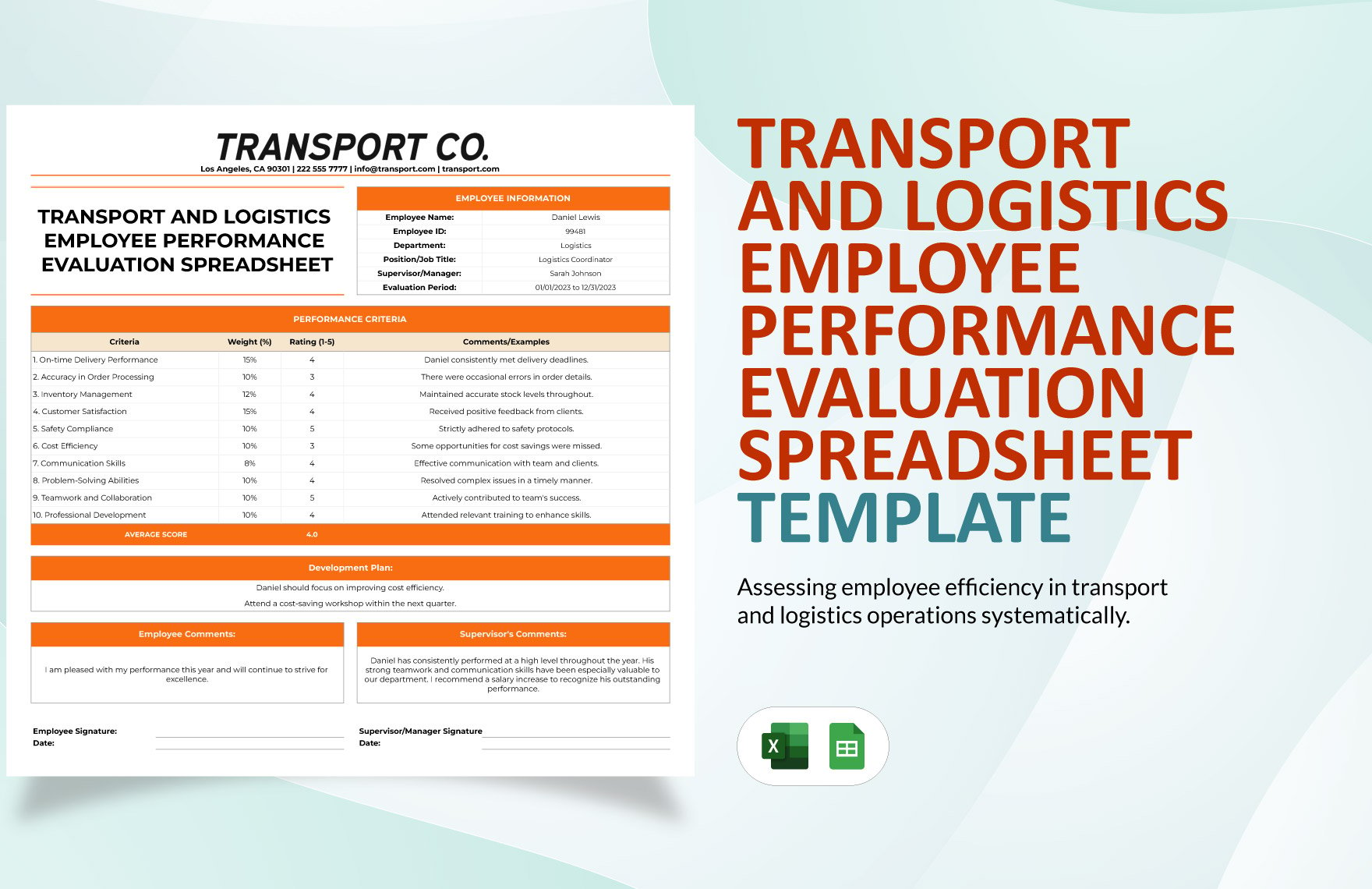Free Transport and Logistics Employee Performance Evaluation Spreadsheet Template in Excel, Google Sheets