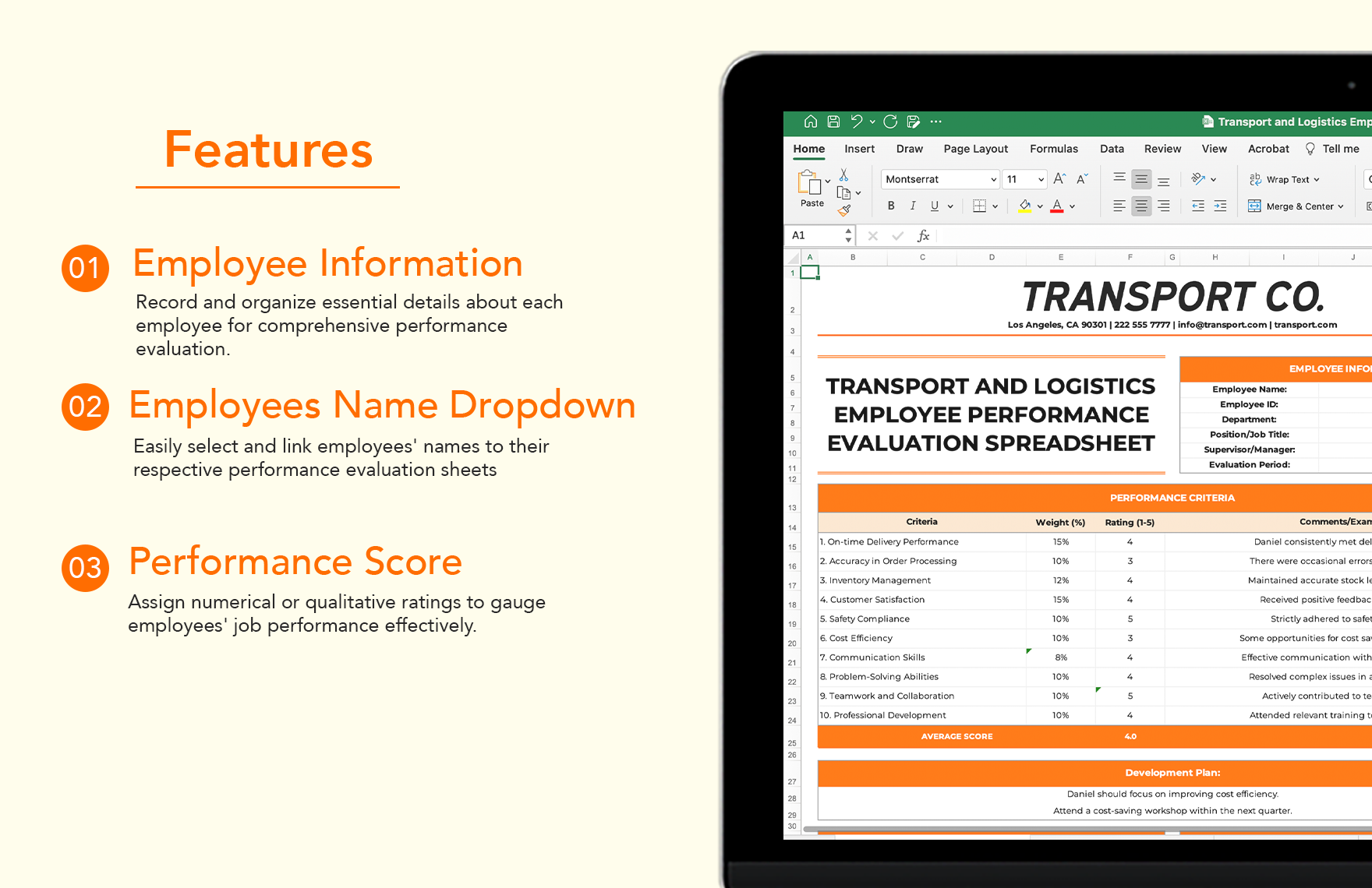 Transport and Logistics Employee Performance Evaluation Spreadsheet Template