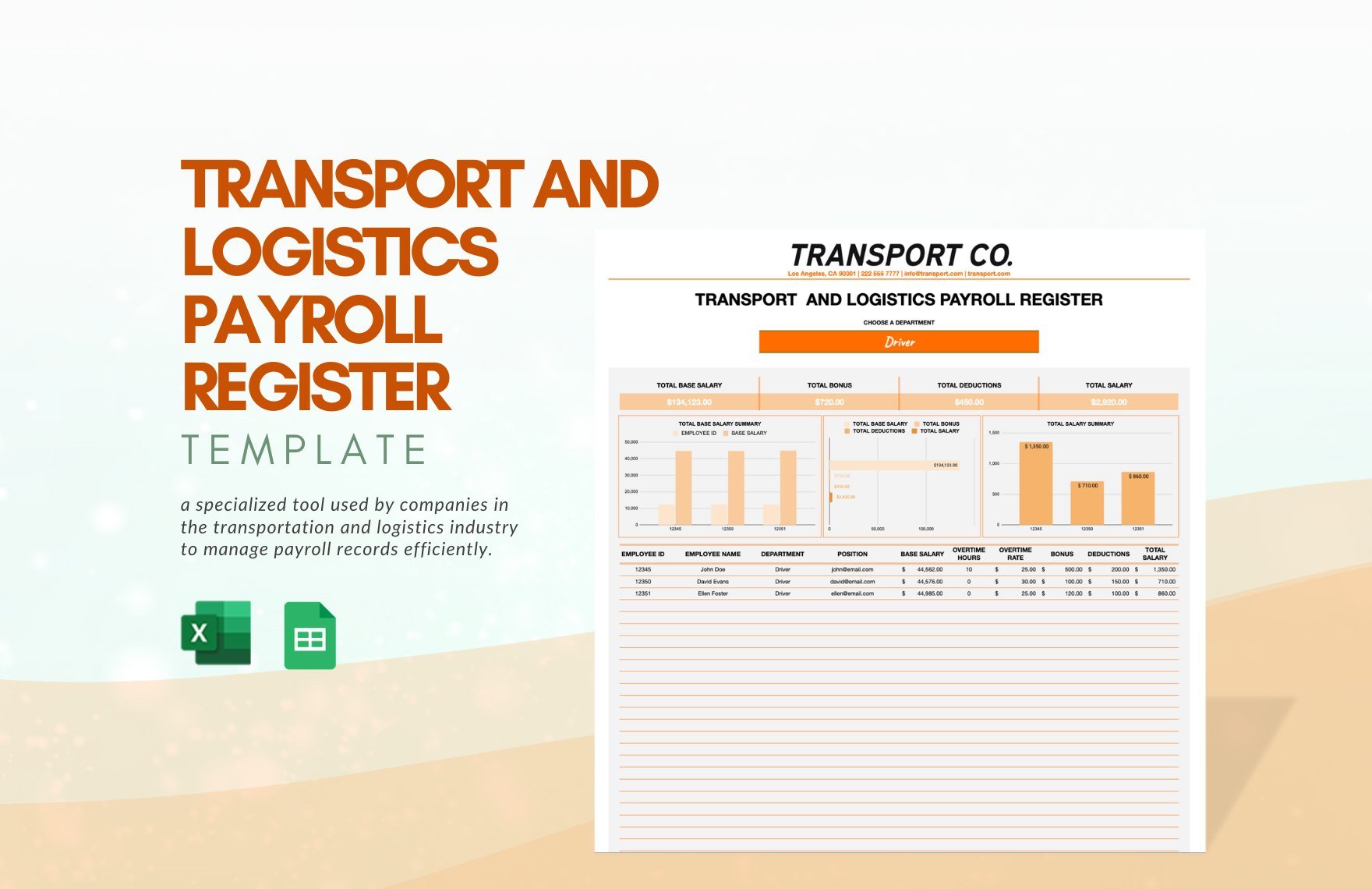 Transport and Logistics Payroll Register Template in Excel, Google Sheets