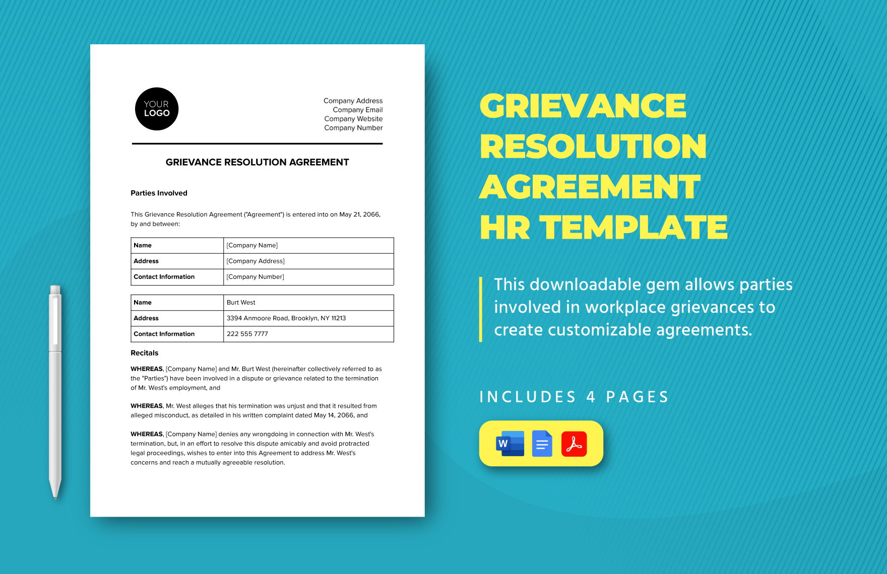 Grievance Resolution Agreement HR Template