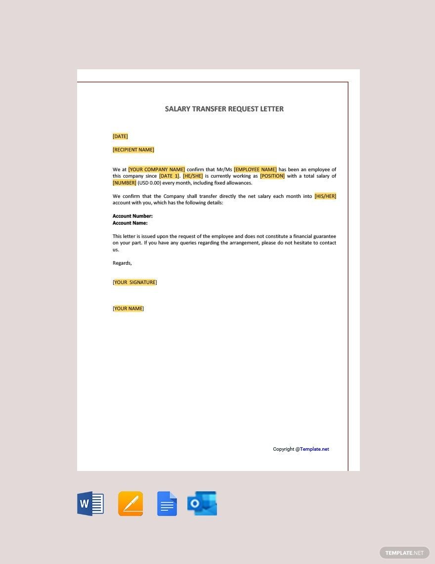 Salary Transfer Request Letter in Word, Google Docs, PDF, Apple Pages, Outlook
