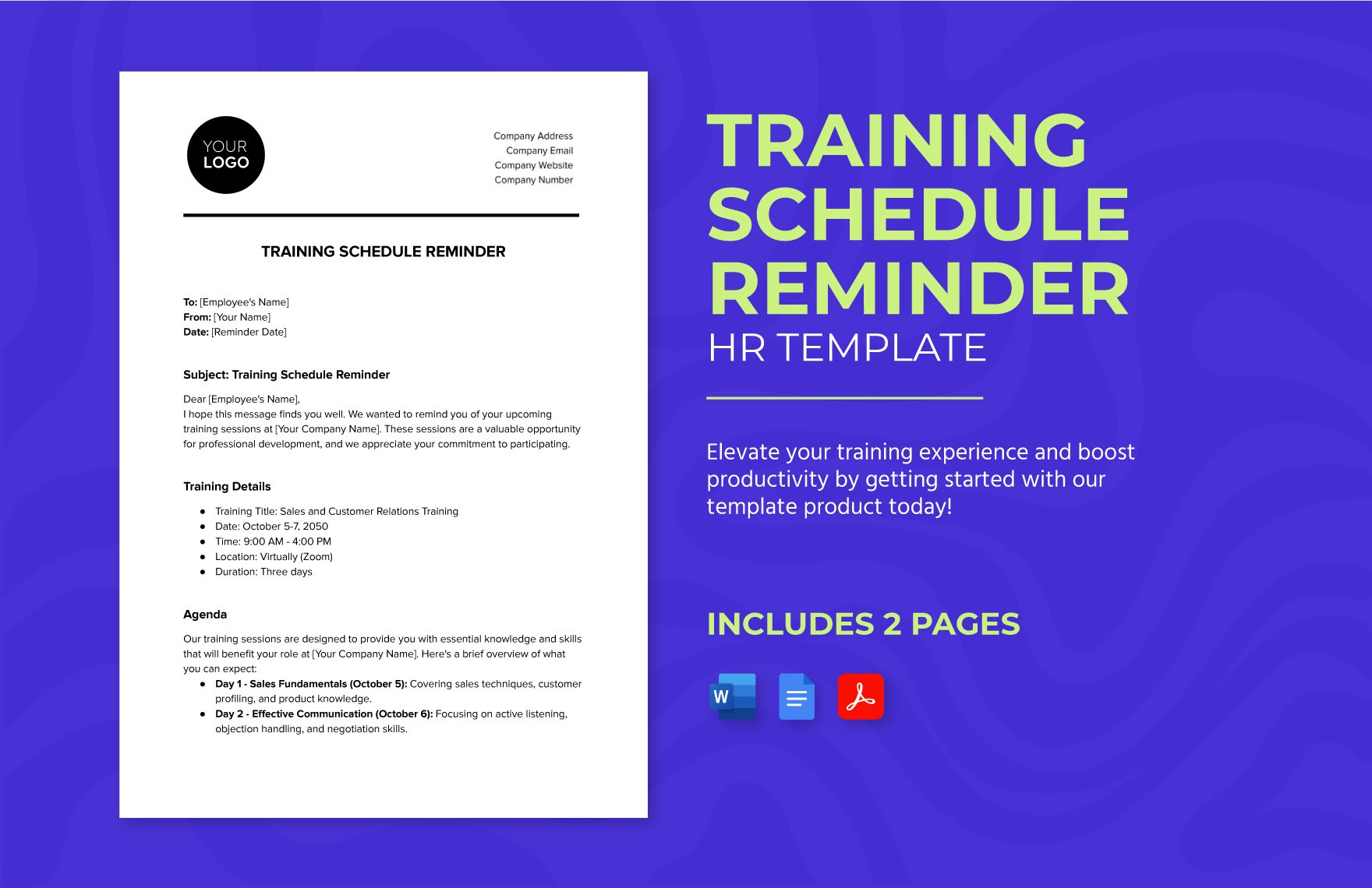 Training Schedule Reminder HR Template in Word, Google Docs, PDF