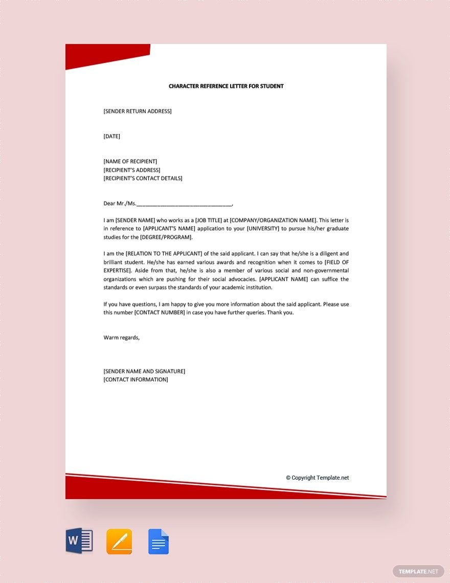 Character Reference Letter For Student Template