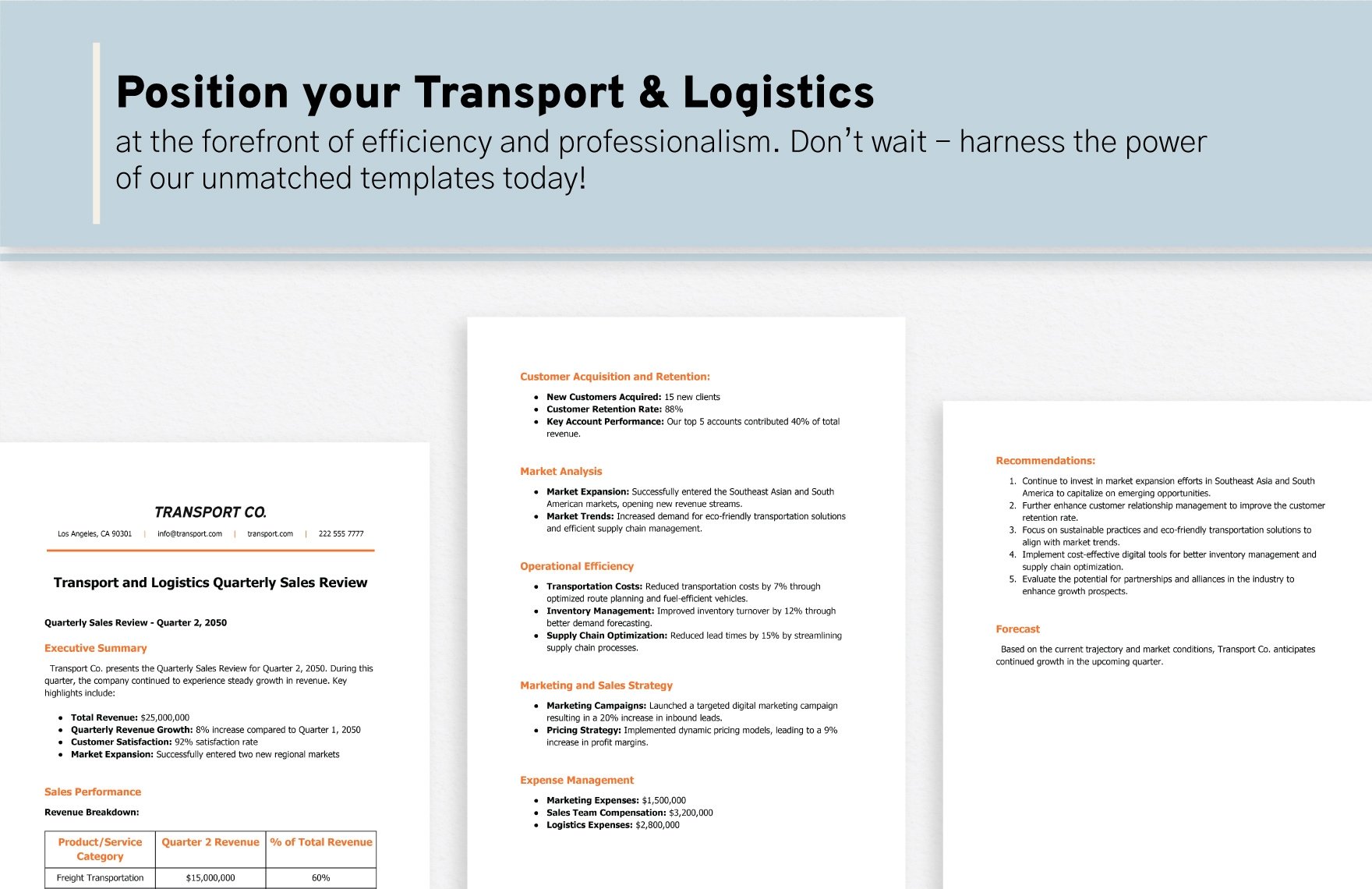 Transport and Logistics Quarterly Sales Review Template