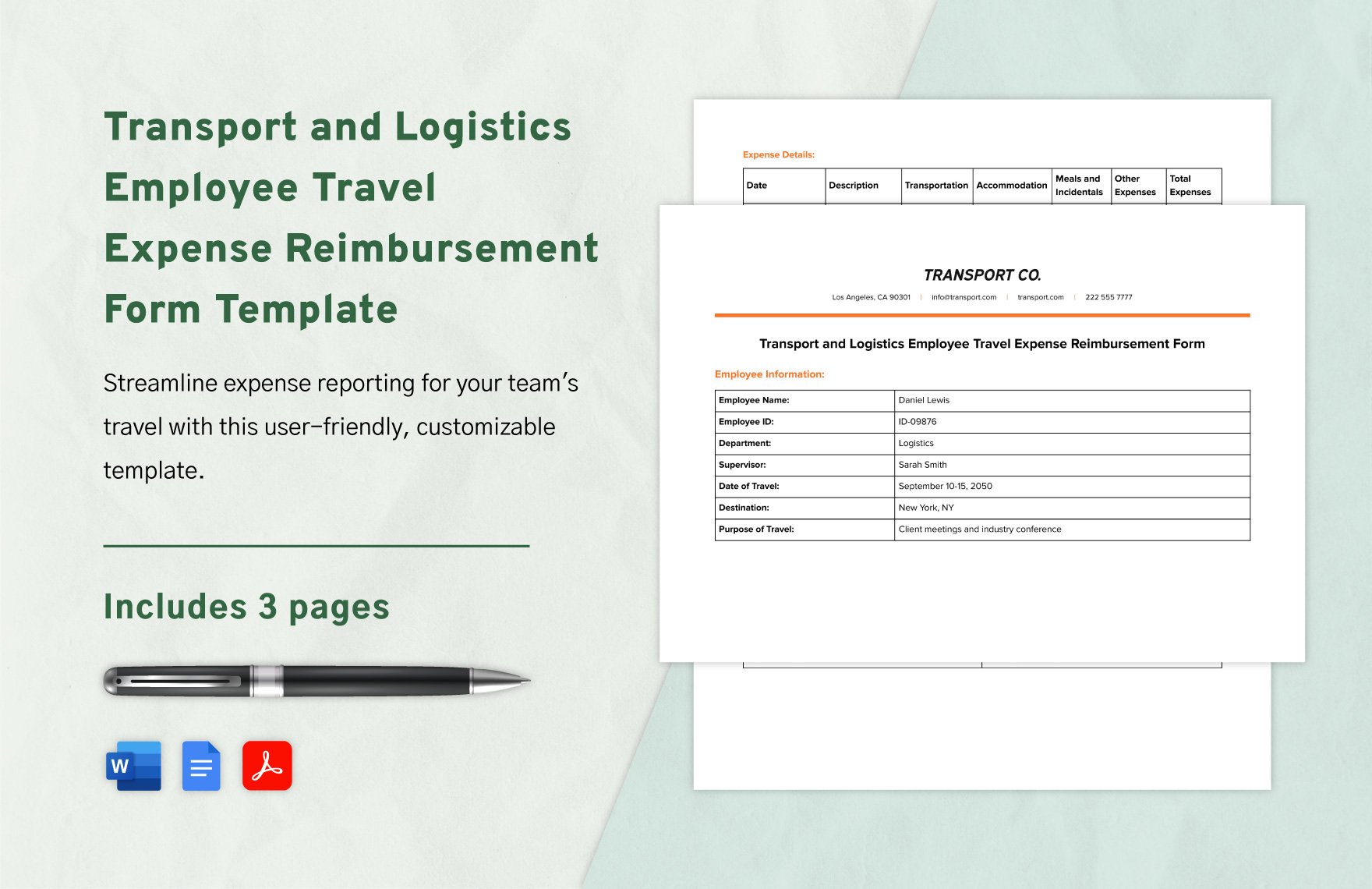 Transport and Logistics Employee Travel Expense Reimbursement Form Template in Word, Google Docs, PDF