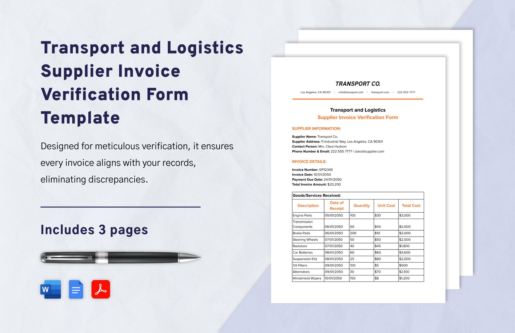 Transport and Logistics Supplier Invoice Verification Form Template