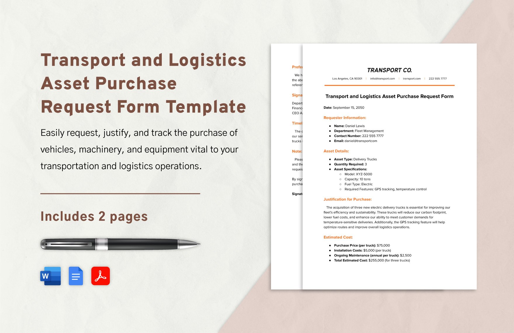 Transport and Logistics Asset Purchase Request Form Template in Word, Google Docs, PDF