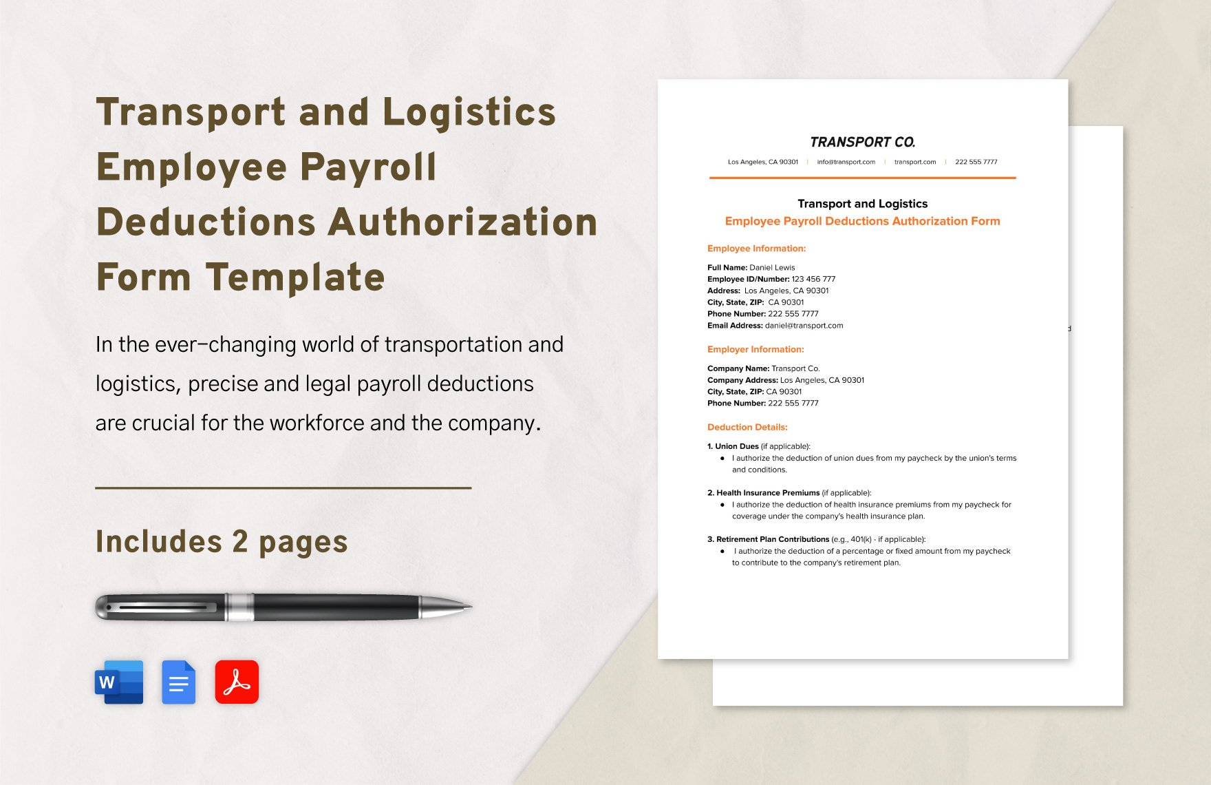 Transport and Logistics Employee Payroll Deductions Authorization Form Template