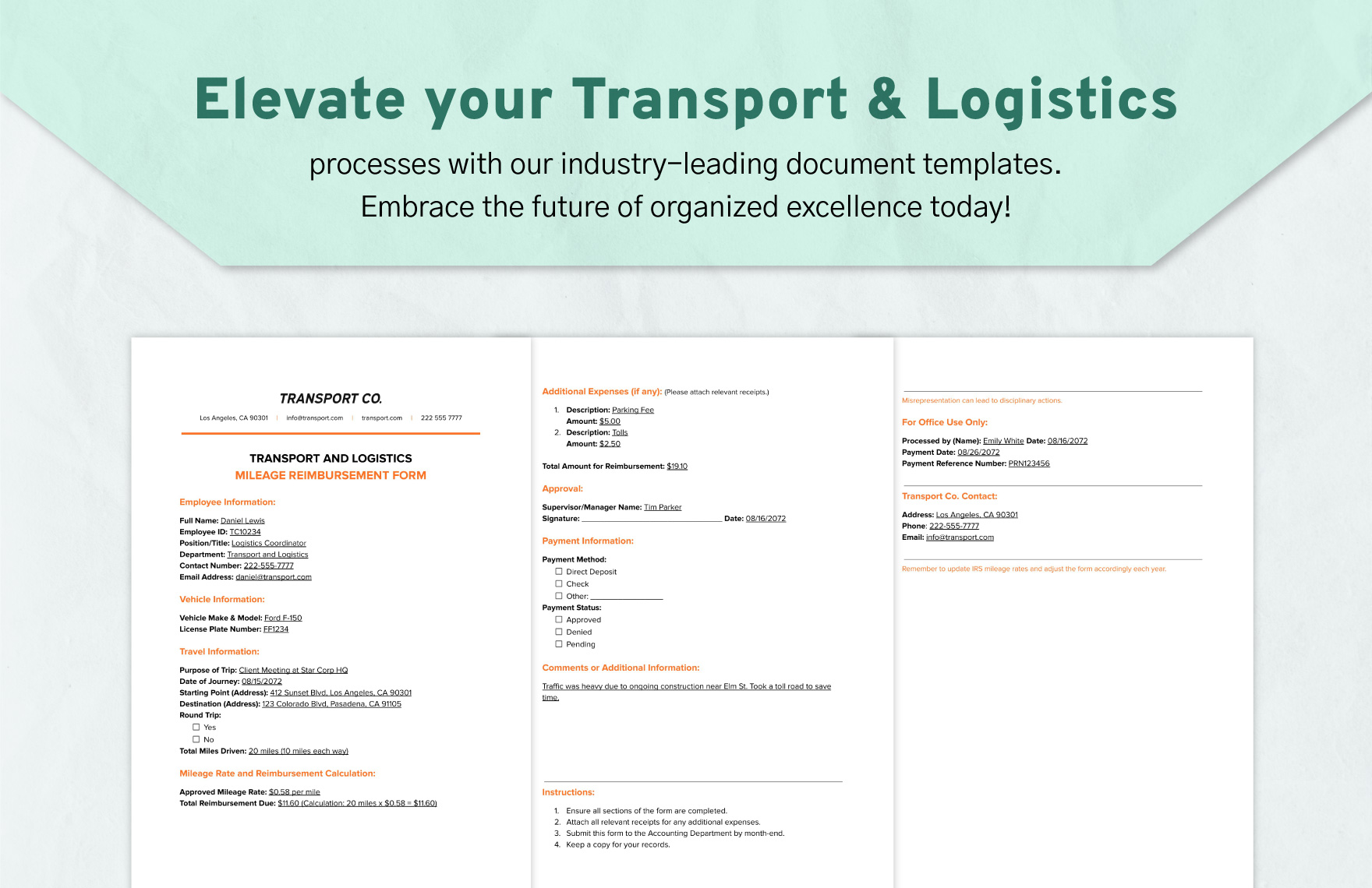 Transport and Logistics Mileage Reimbursement Form Template