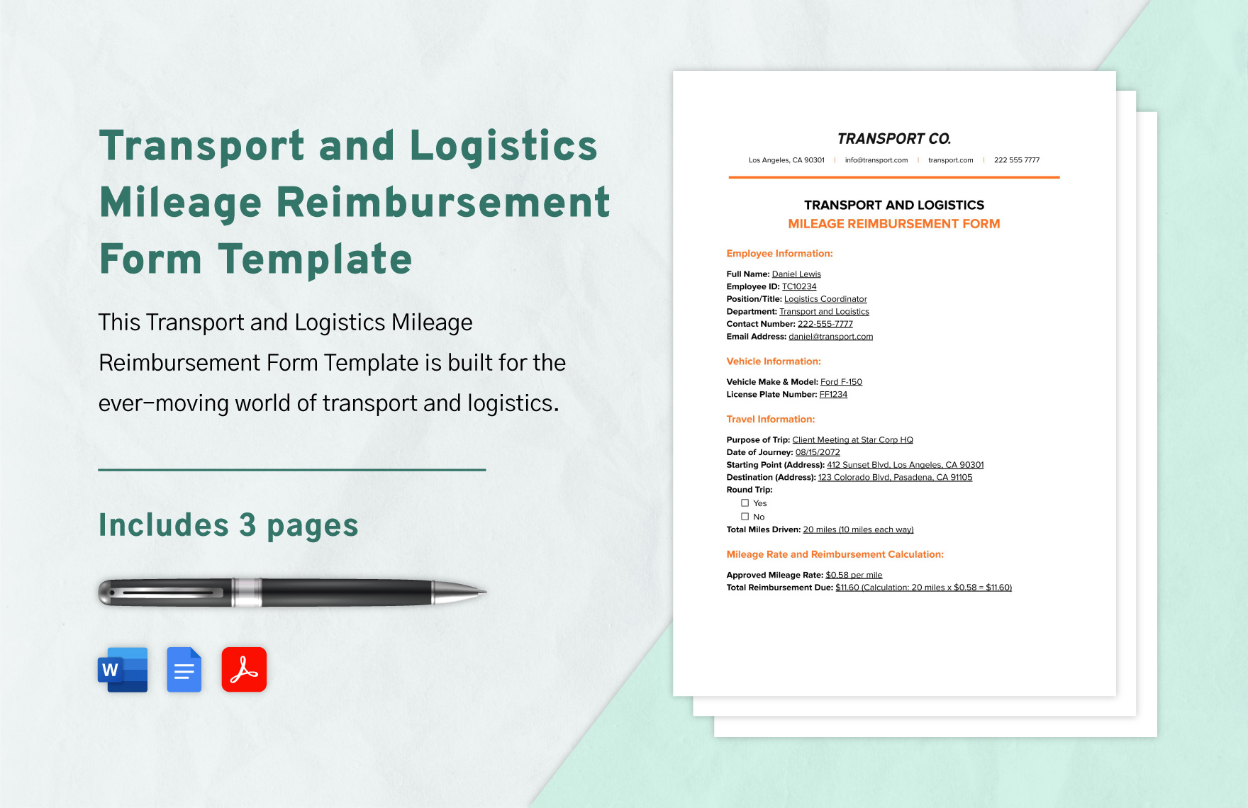 Transport and Logistics Mileage Reimbursement Form Template