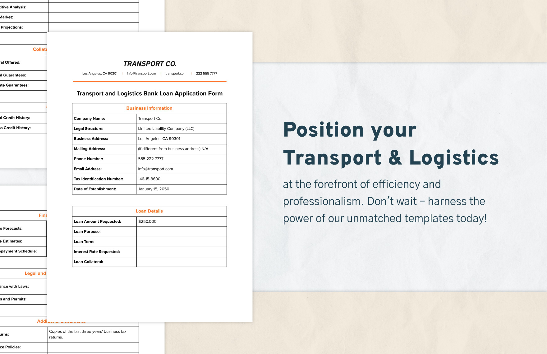 Transport and Logistics Bank Loan Application Form Template