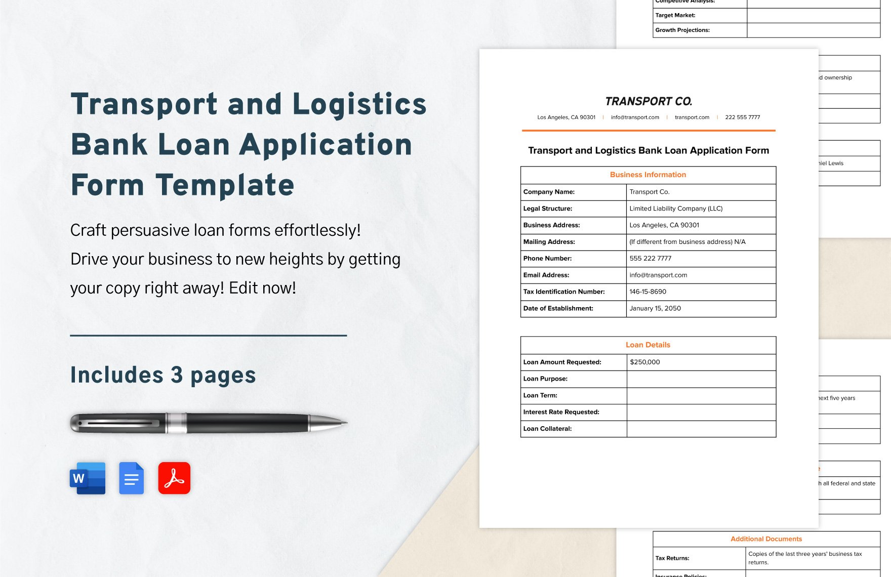 Transport and Logistics Bank Loan Application Form Template in Word, Google Docs, PDF