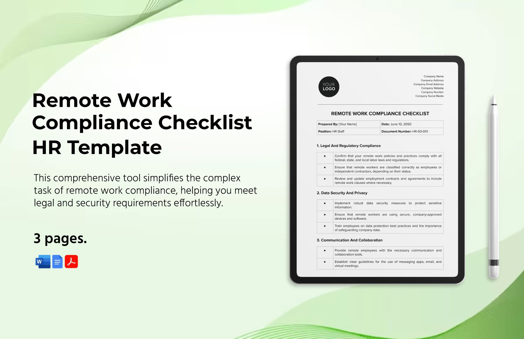 Remote Work Compliance Checklist HR Template