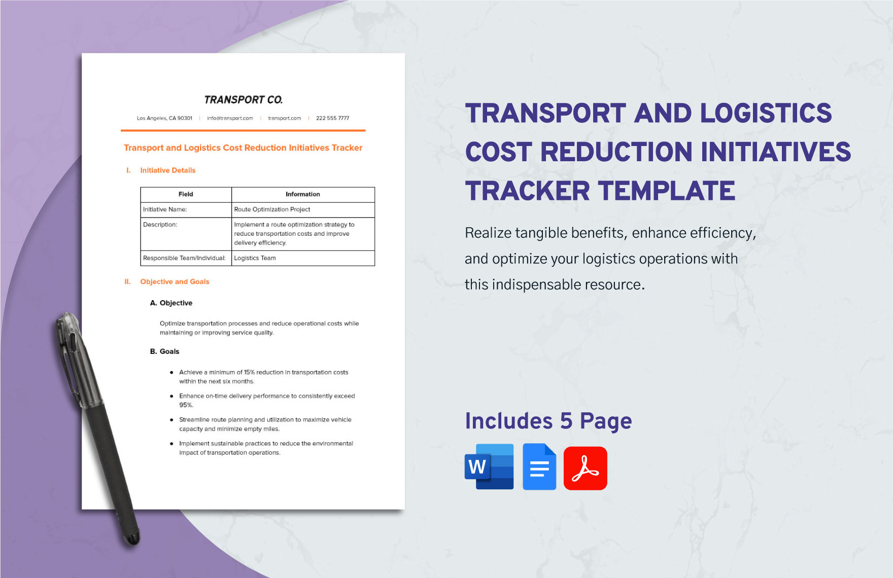 Transport and Logistics Cost Reduction Initiatives Tracker Template