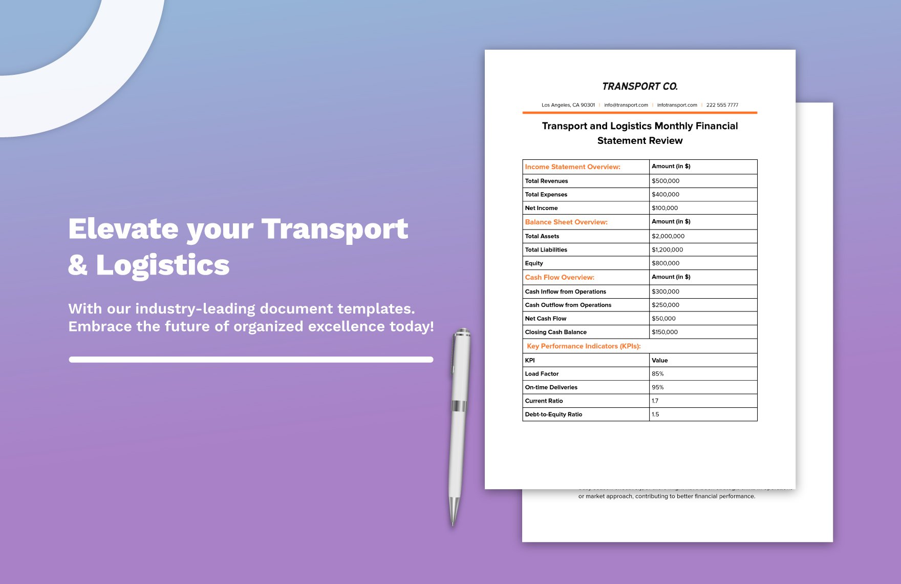 Transport and Logistics Monthly Financial Statement Review Template