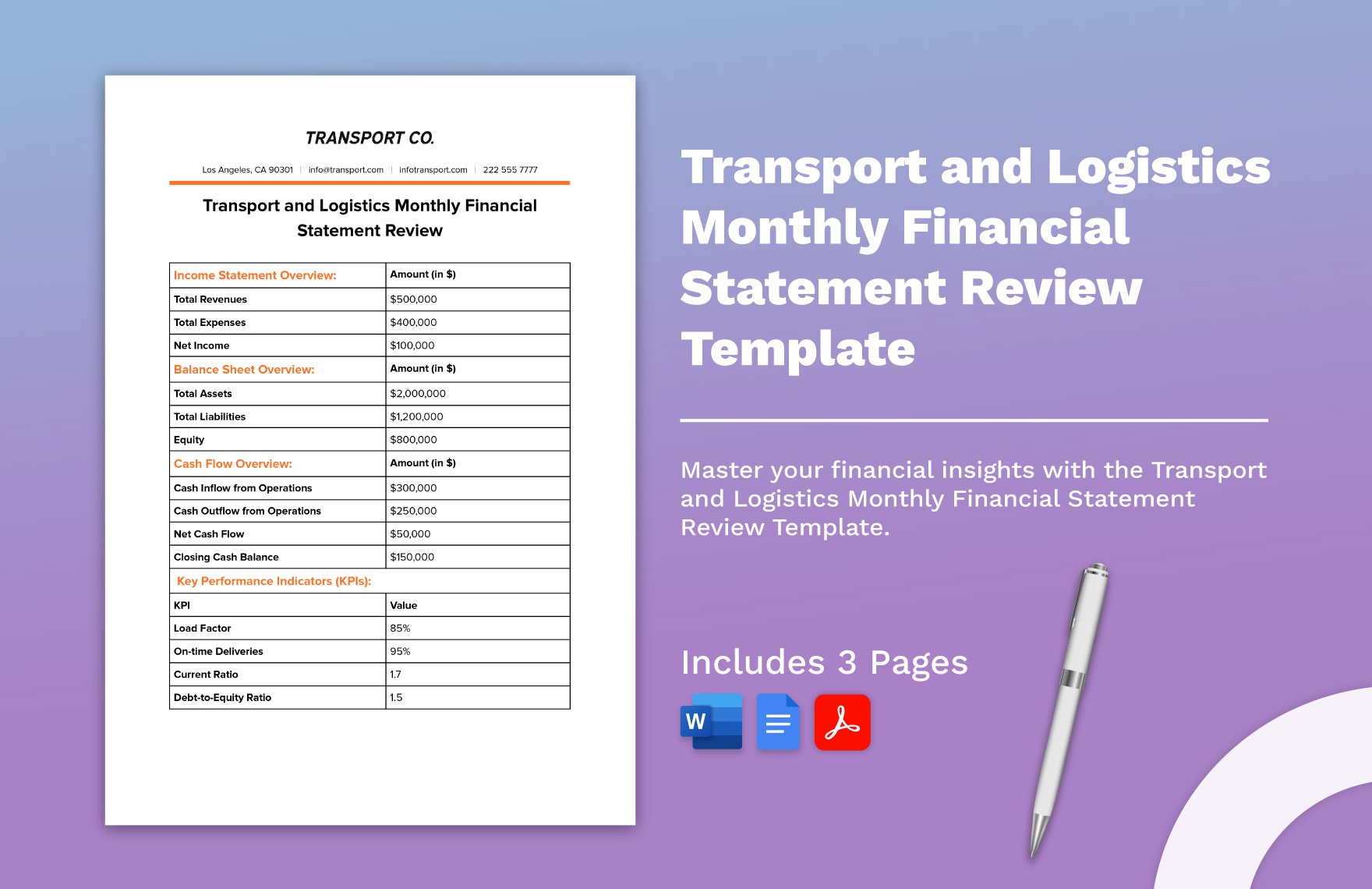 Transport and Logistics Monthly Financial Statement Review Template