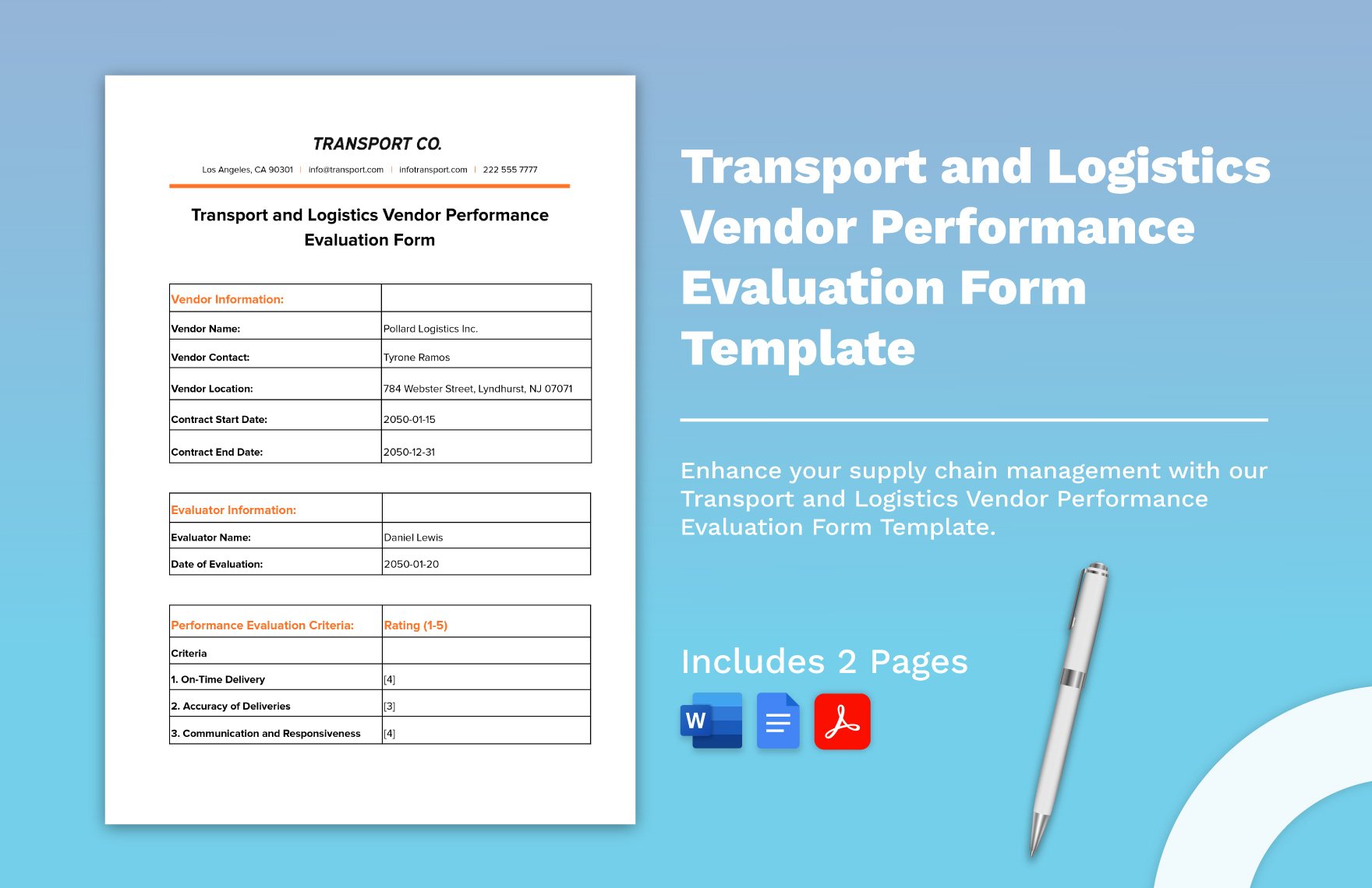 Transport and Logistics Vendor Performance Evaluation Form Template in Word, Google Docs, PDF