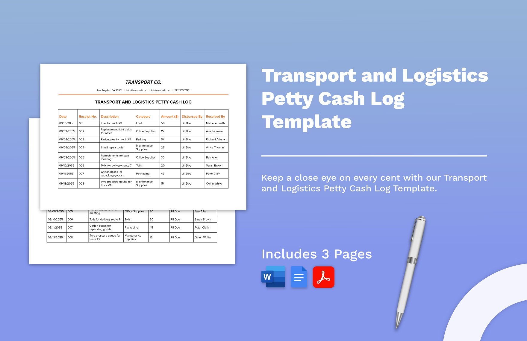 Transport and Logistics Petty Cash Log Template