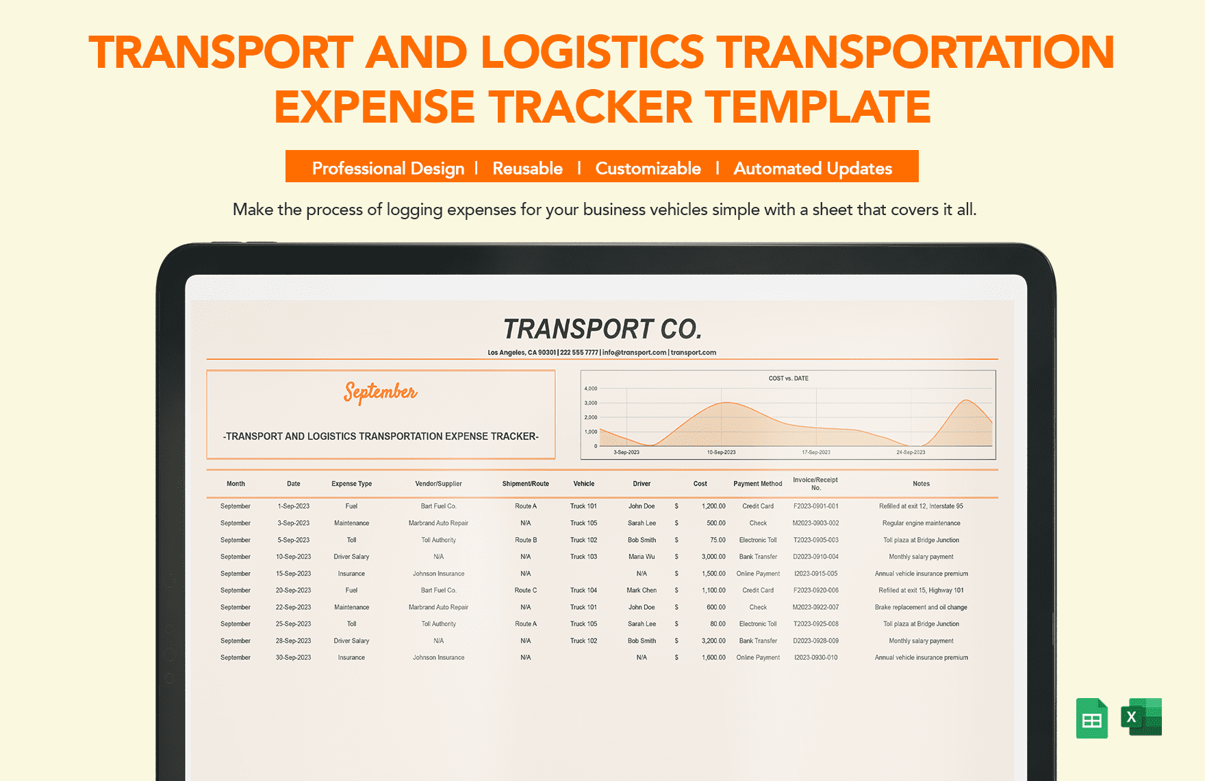 Transport and Logistics Transportation Expense Tracker Template in Excel, Google Sheets