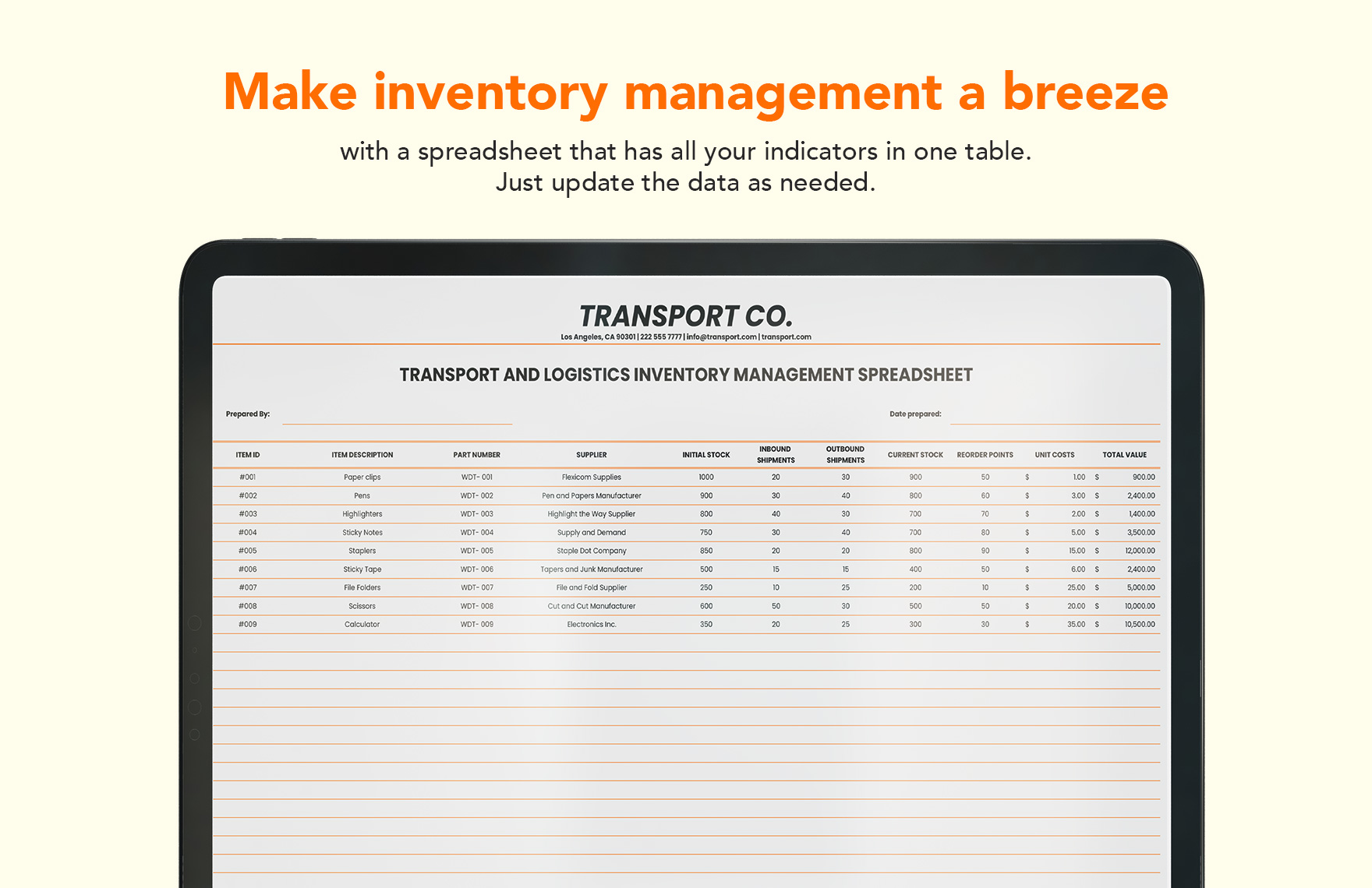Transport and Logistics Inventory Management Spreadsheet Template