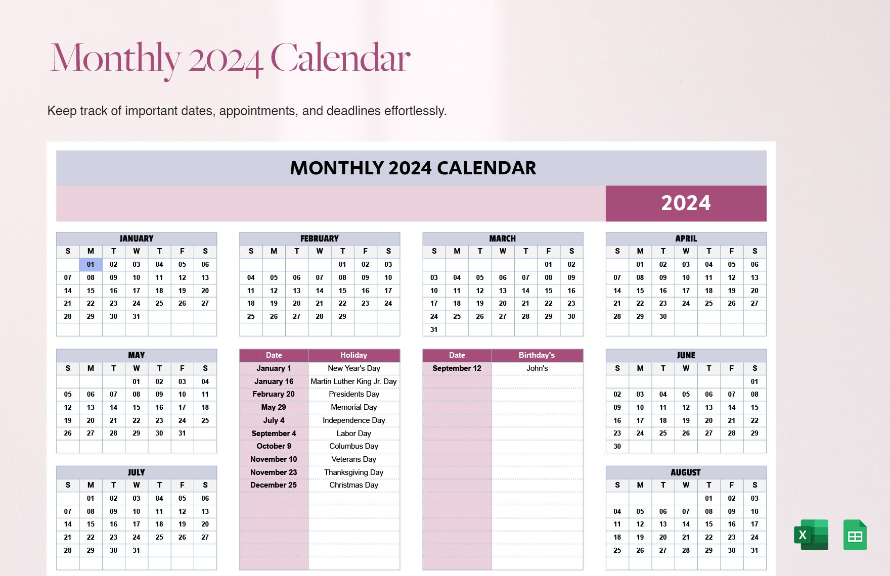 Free Monthly 2024 Calendar Template in Excel, Google Sheets
