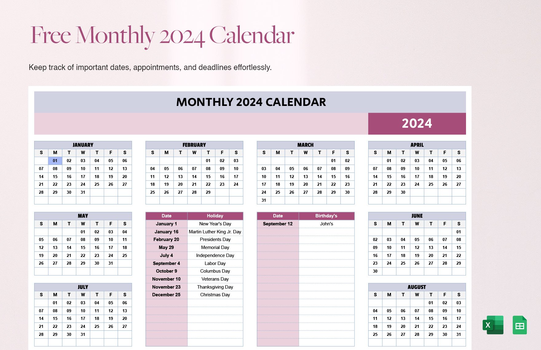 Monthly 2024 Calendar Template