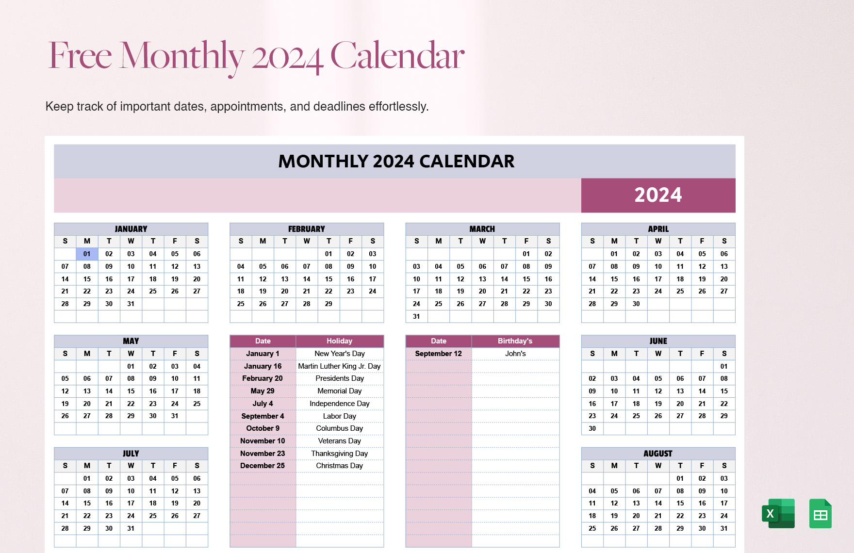 Free Monthly 2024 Calendar Template Download In Excel Google Sheets