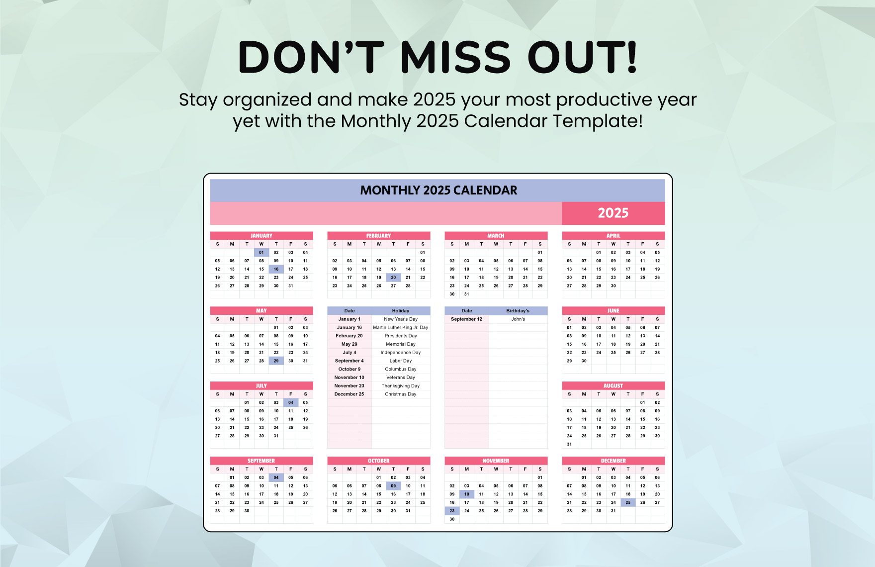 Monthly 2024 Calendar Template