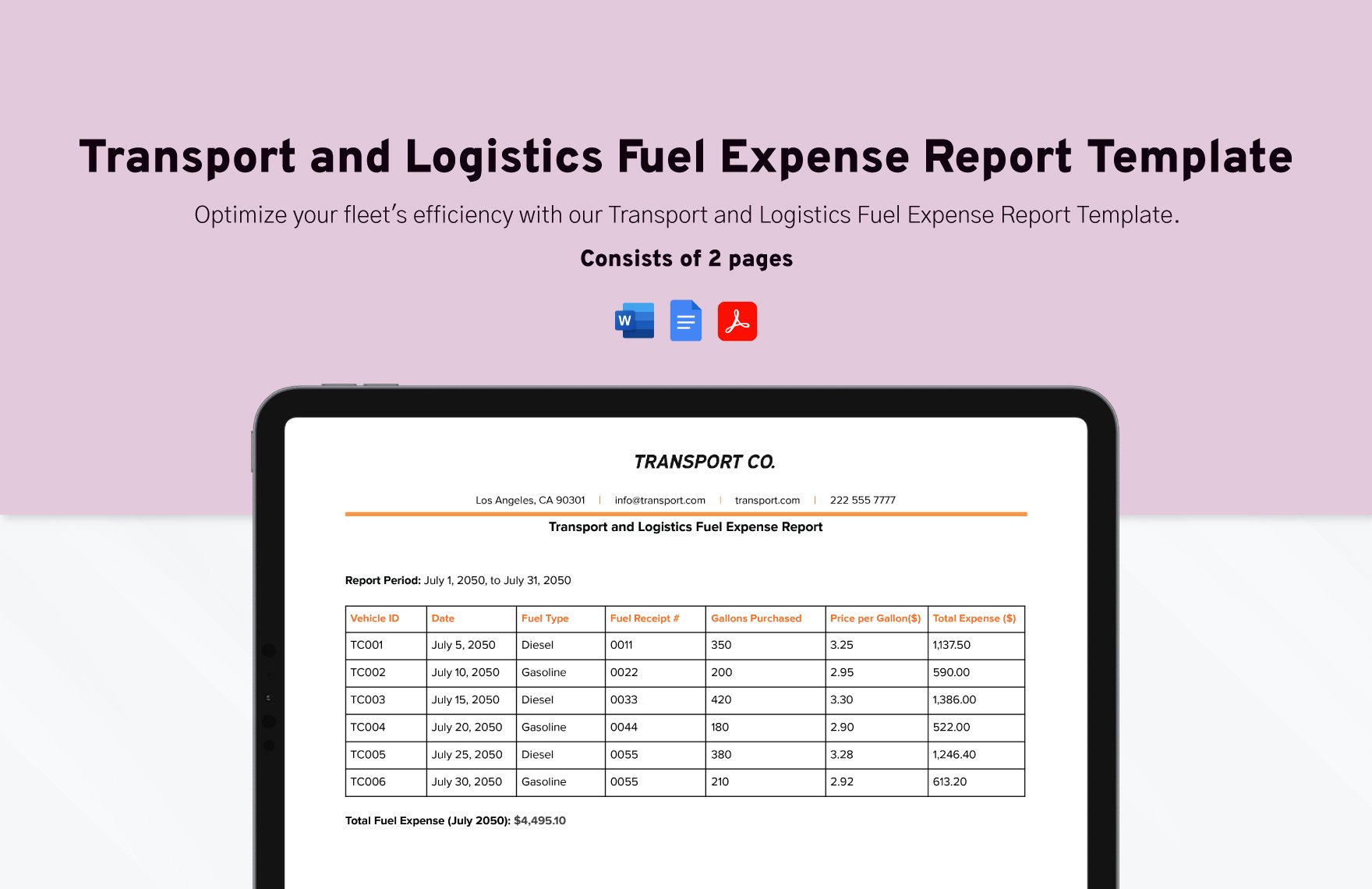 Transport and Logistics Fuel Expense Report Template