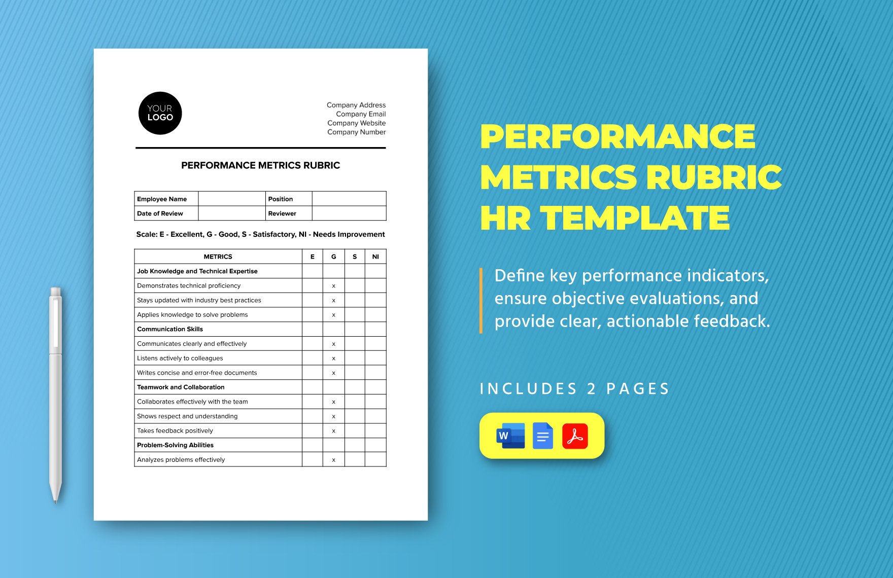 Performance Metrics Rubric HR Template in Word, Google Docs, PDF