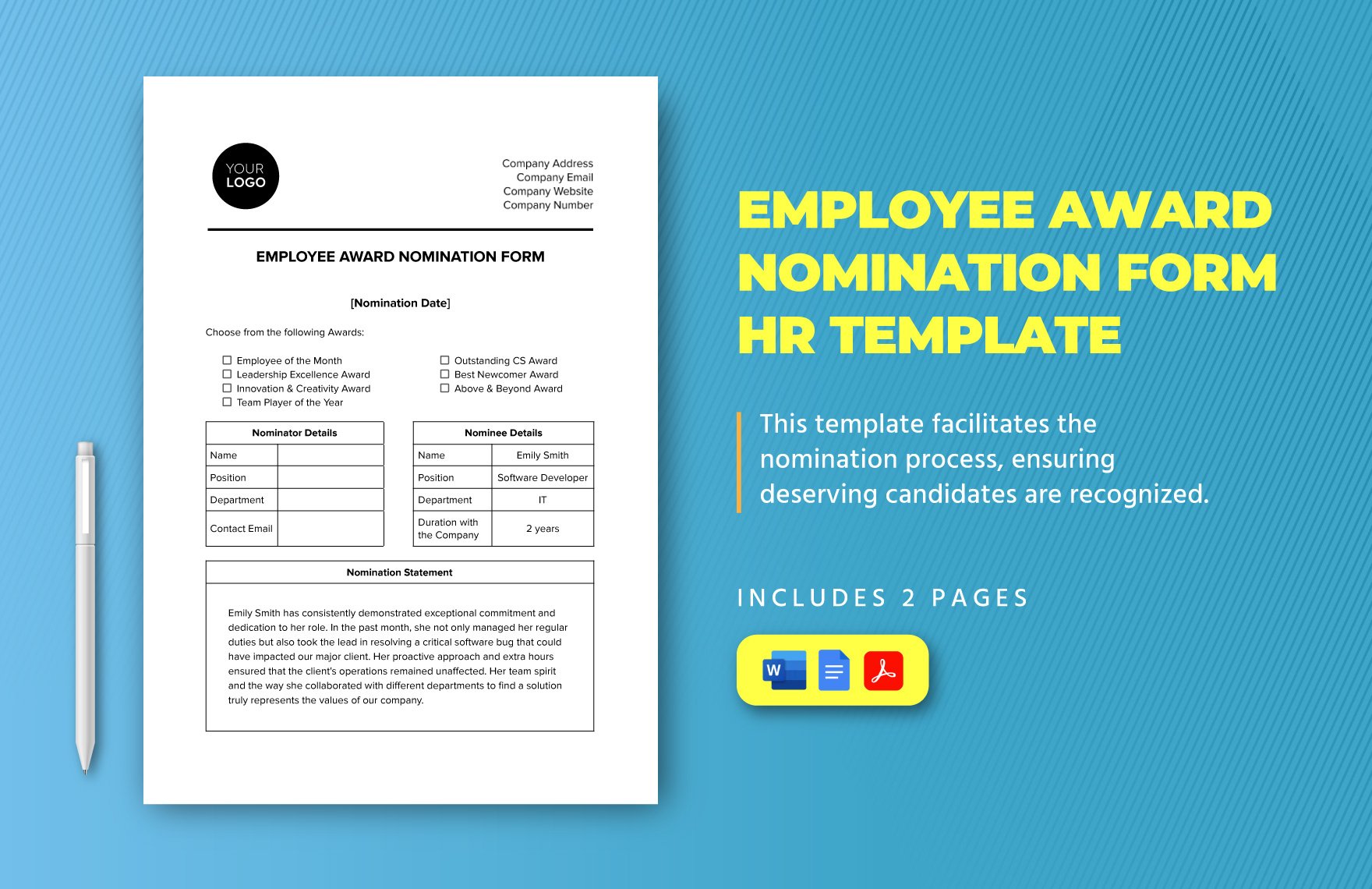Employee Award Nomination Form HR Template in Word, Google Docs, PDF