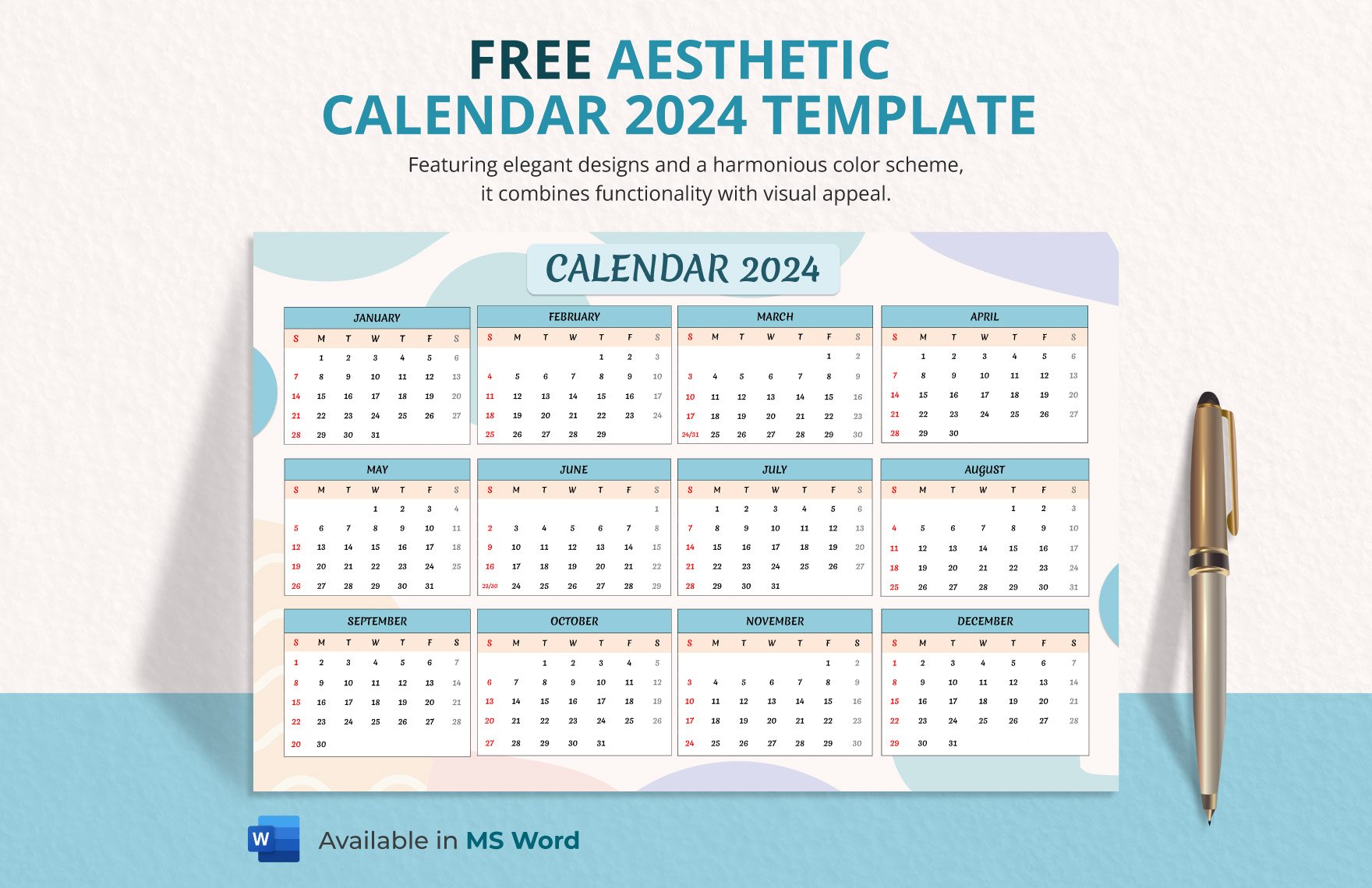 Free Aesthetic Calendar 2024 Template Download in Word