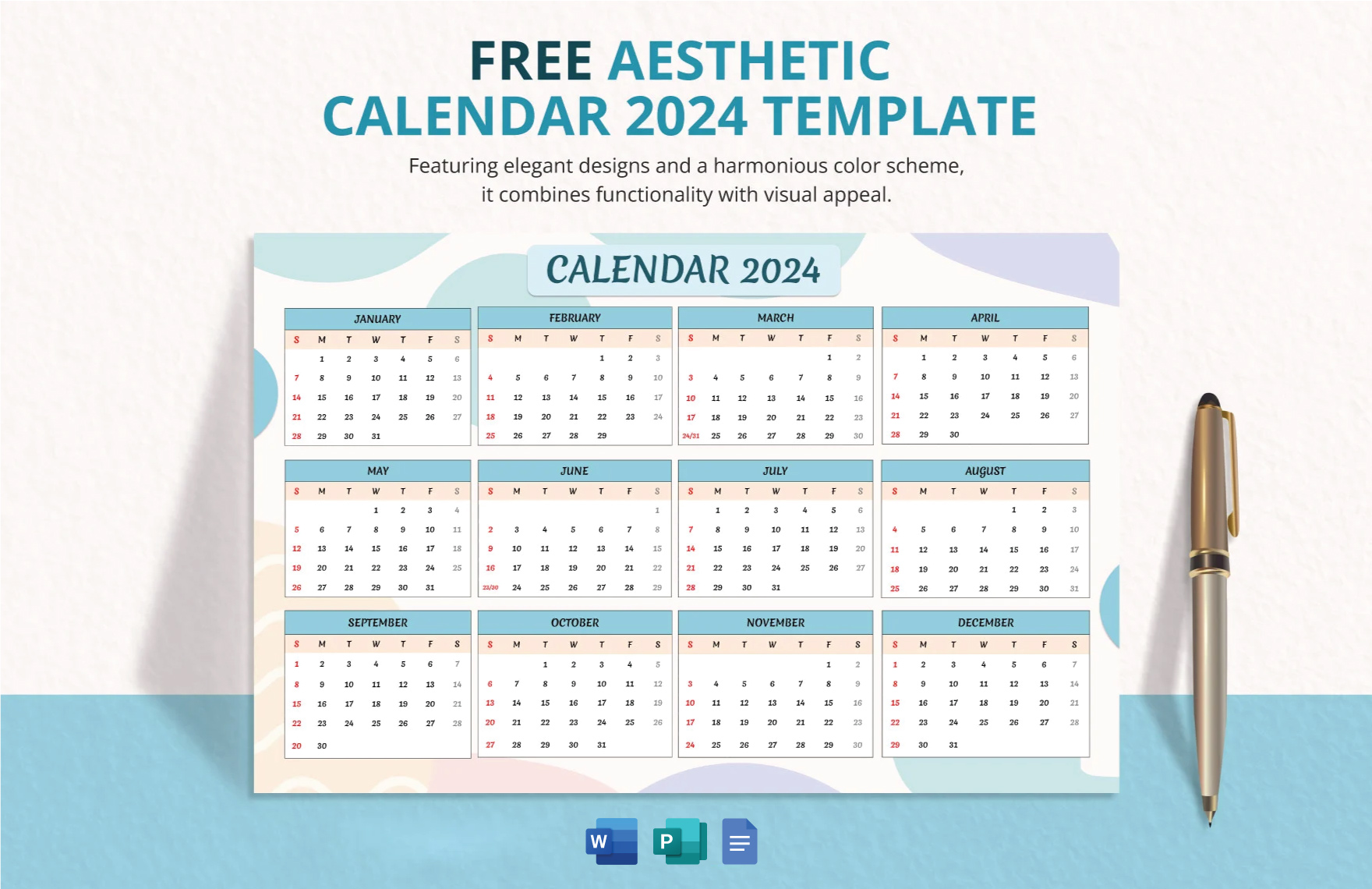 Aesthetic Calendar 2024 Template in MS Word, GDocsLink Download