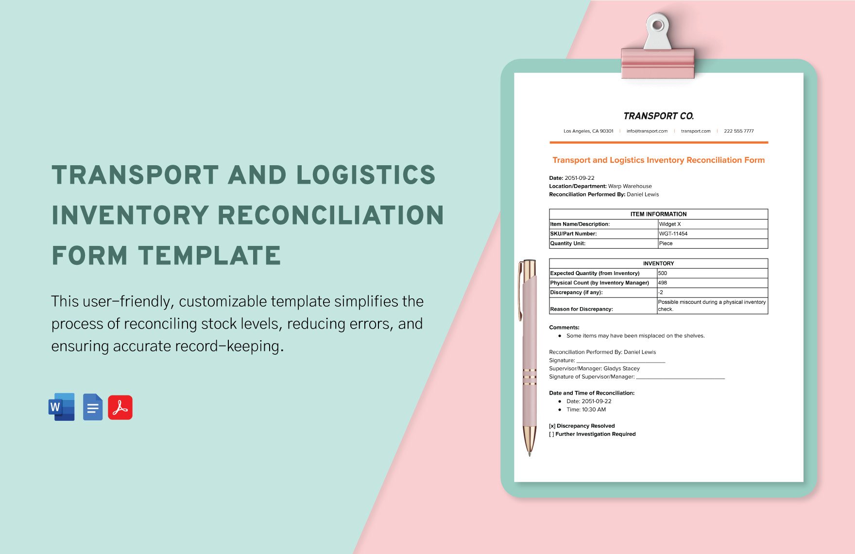 Transport and Logistics Inventory Reconciliation Form Template in Word, Google Docs, PDF