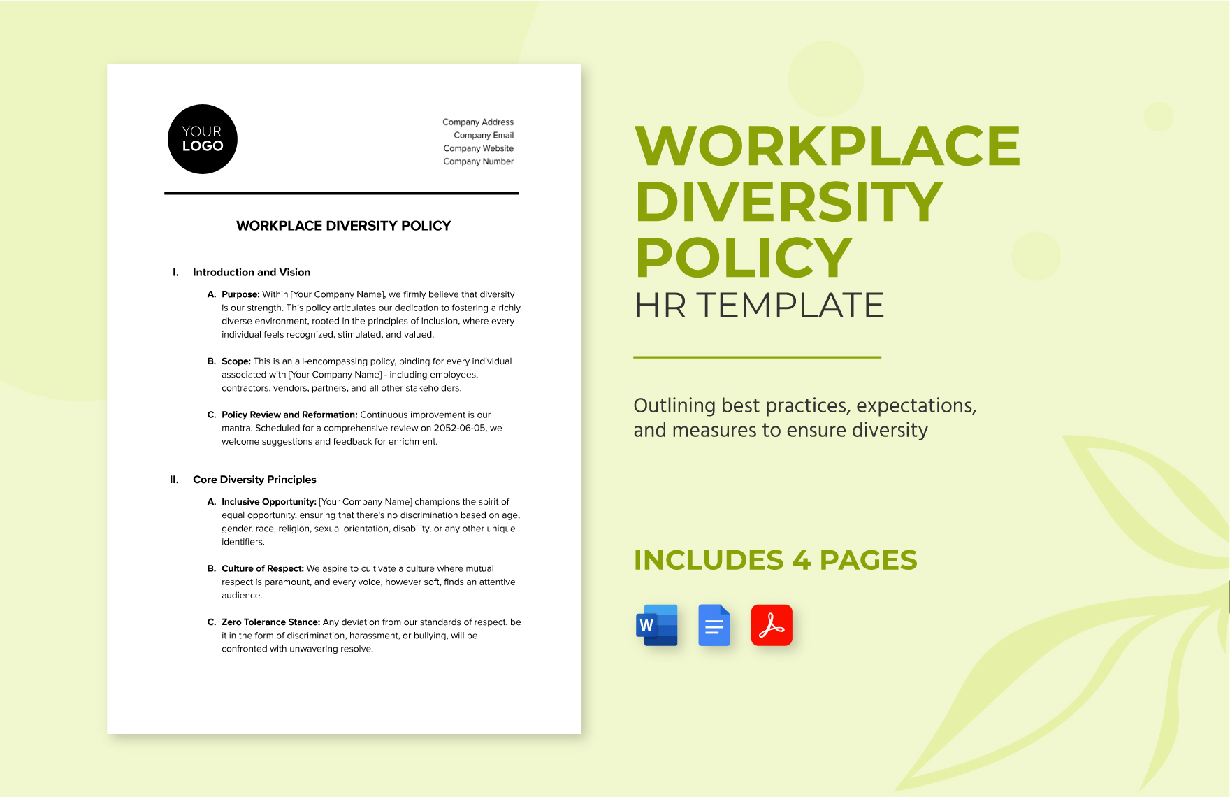 Workplace Diversity Policy HR Template in Word, Google Docs, PDF