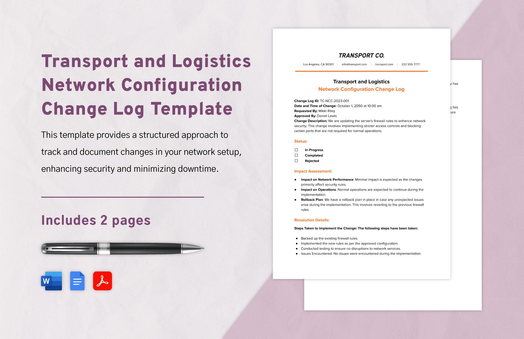 Transport and Logistics Network Configuration Change Log Template