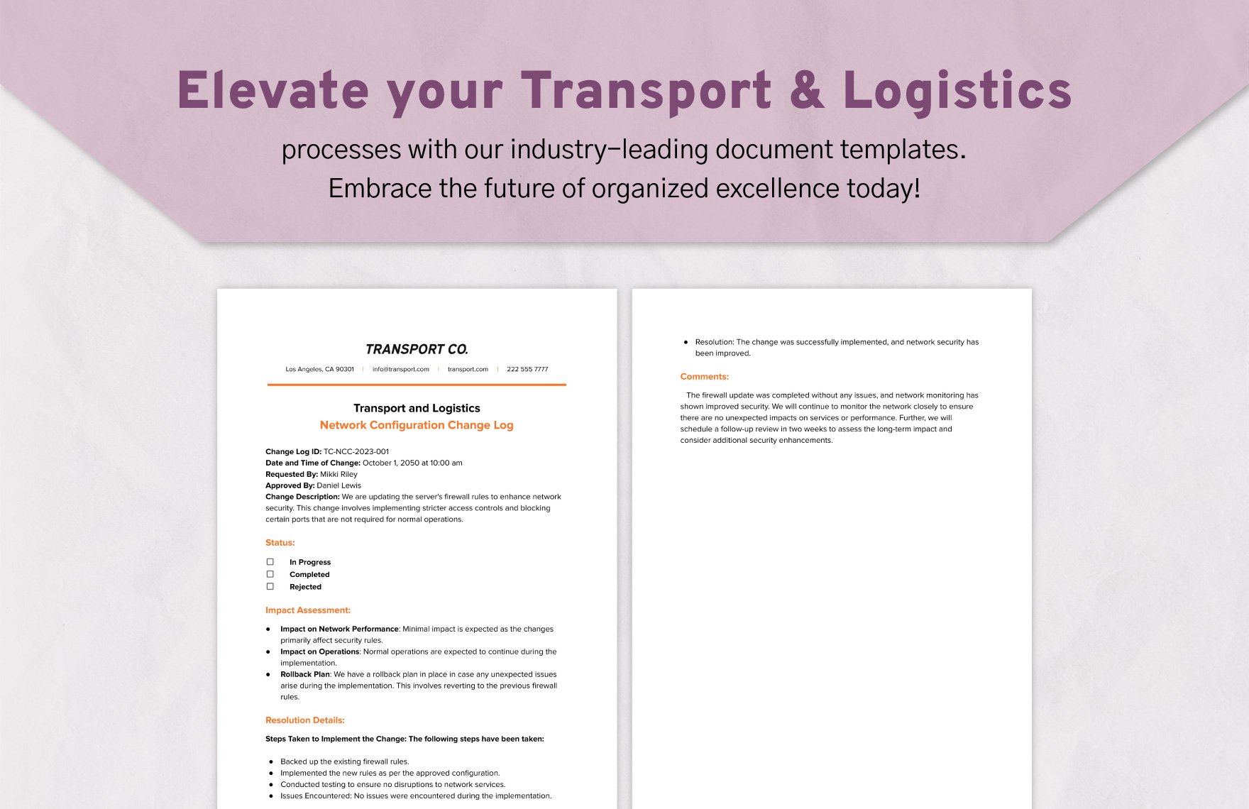 Transport and Logistics Network Configuration Change Log Template