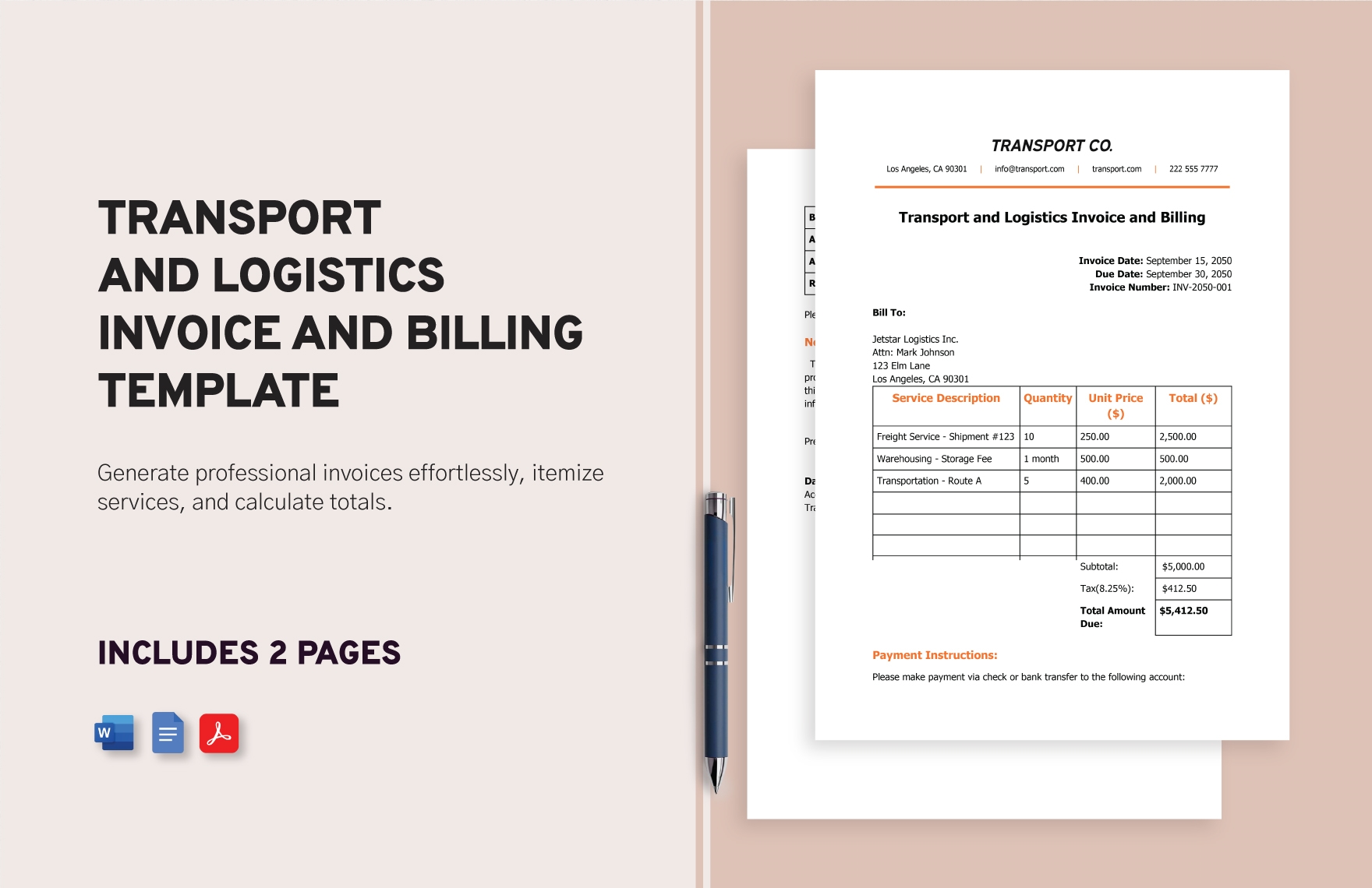 Transport and Logistics Invoice and Billing Template in Word, Google Docs, PDF